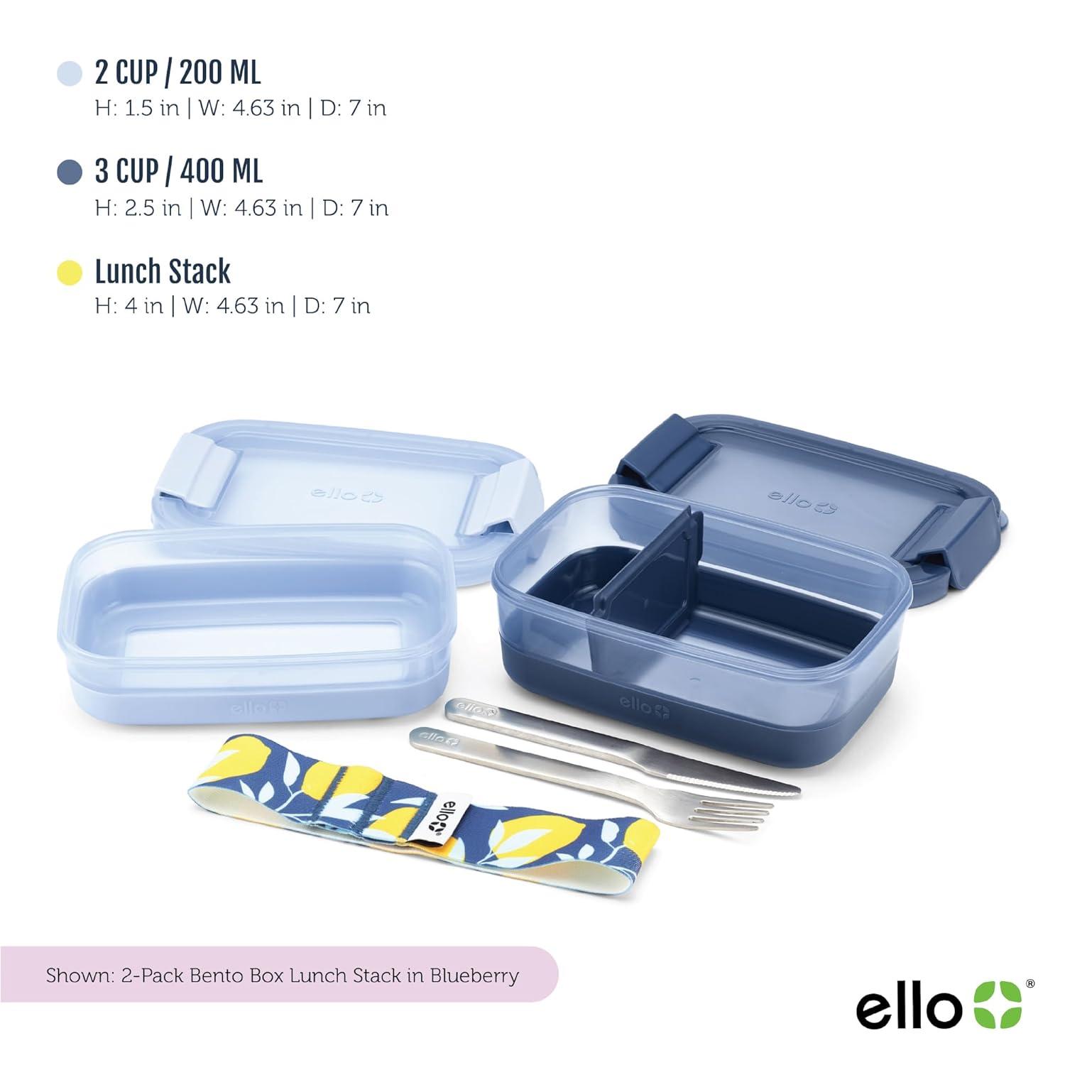 Ello 2pk Plastic Lunch Stack Food Storage Container Blue: Freezer, Dishwasher & Microwave Safe, Includes Utensils & Strap