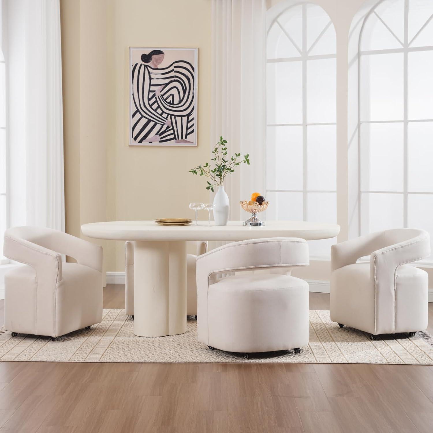 Beige Linen Upholstered Modern Dining Chairs with Casters, Set of 2