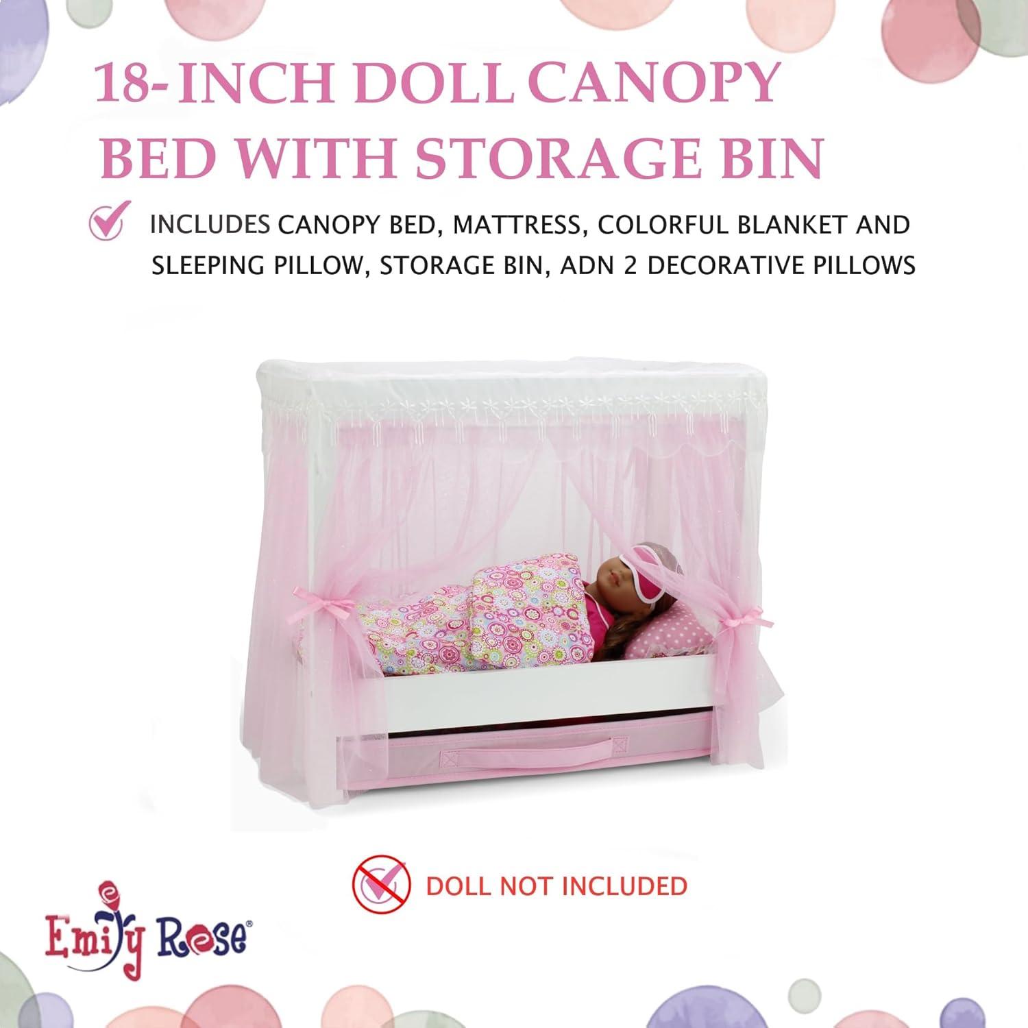 Emily Rose 18 Inch Doll Furniture | 18" Doll Canopy Single Bed with Doll Clothes Storage Drawer | Doll Bed Includes a 5 Piece Colorful Bedding Set | Fits 15" - 18" Dolls