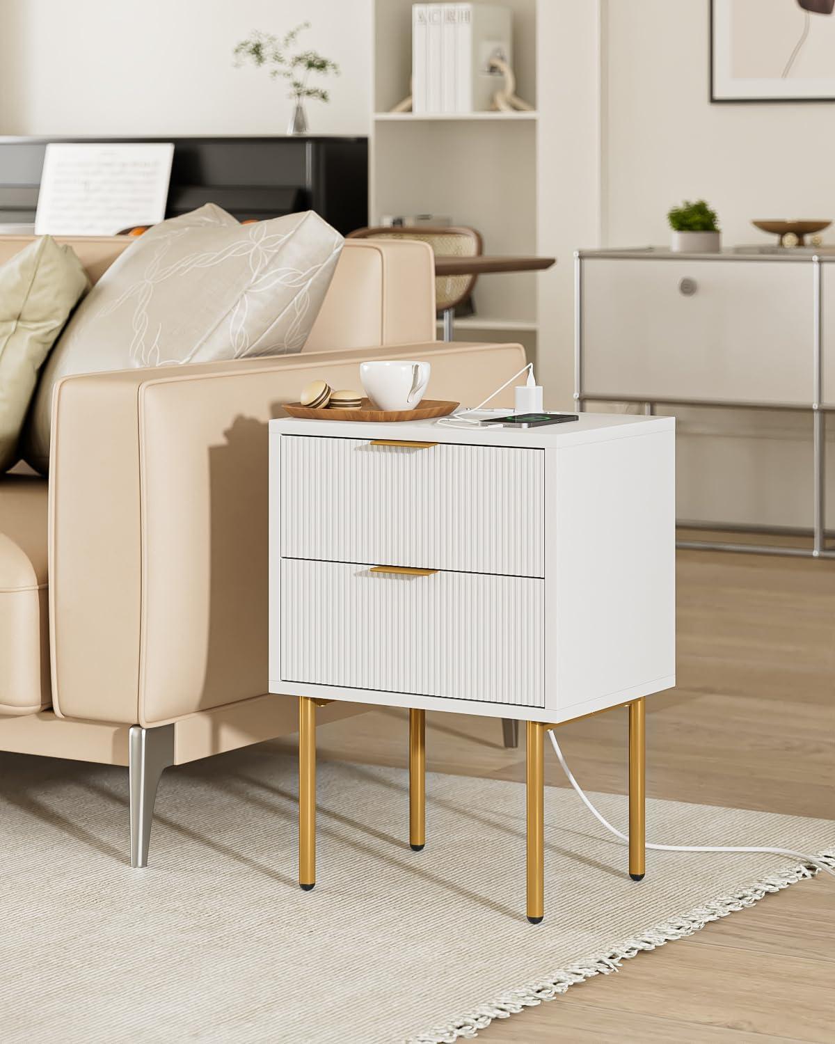 White and Gold Nightstand with Drawer and Charging Station