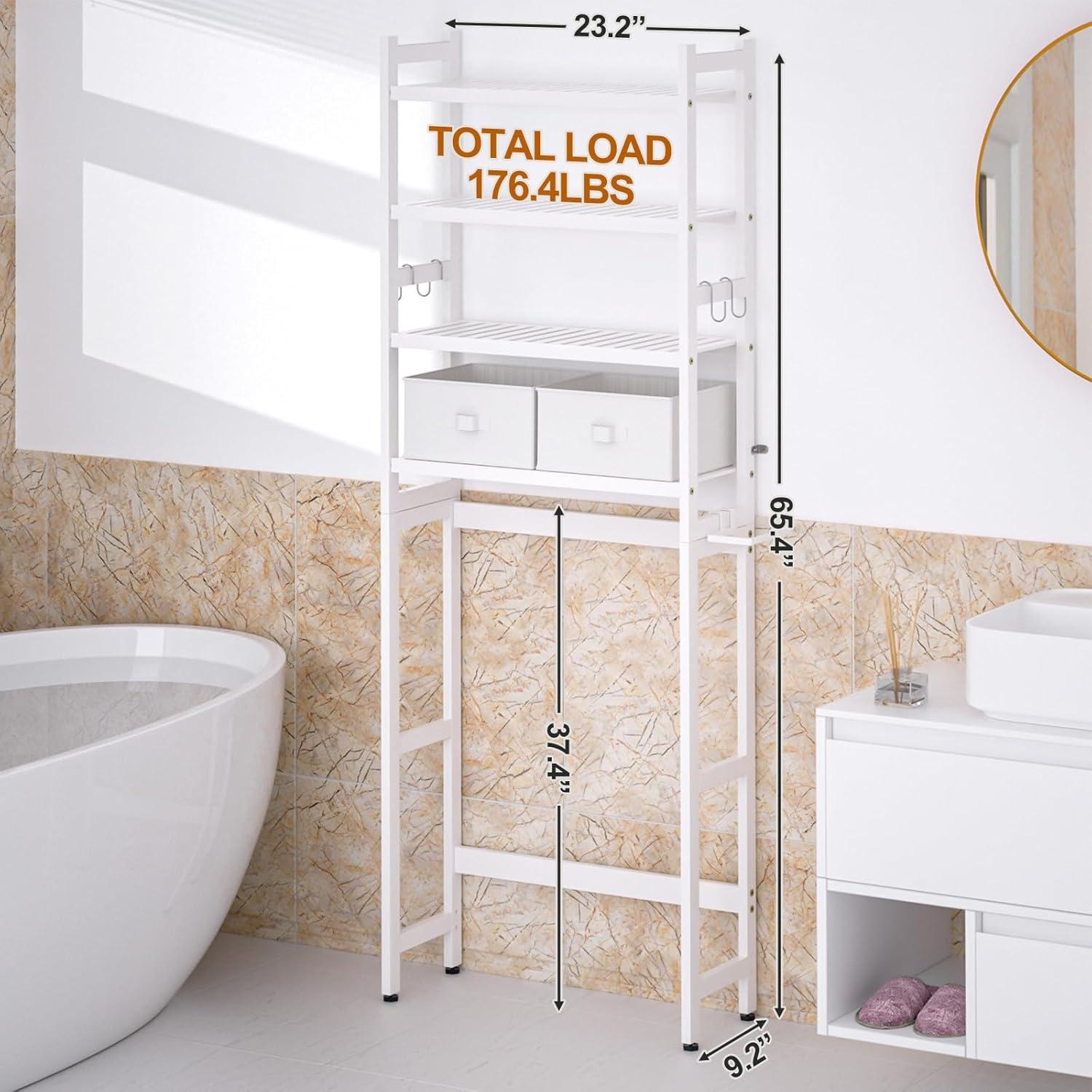 Over The Toilet Storage with 2 Baskets,4-Tier Bamboo Over Toilet Organizer Rack with Paper Holder & 4 Hooks & Waterproof Feet Pad,Freestanding Above Toilet Shelf for Bathroom(White)