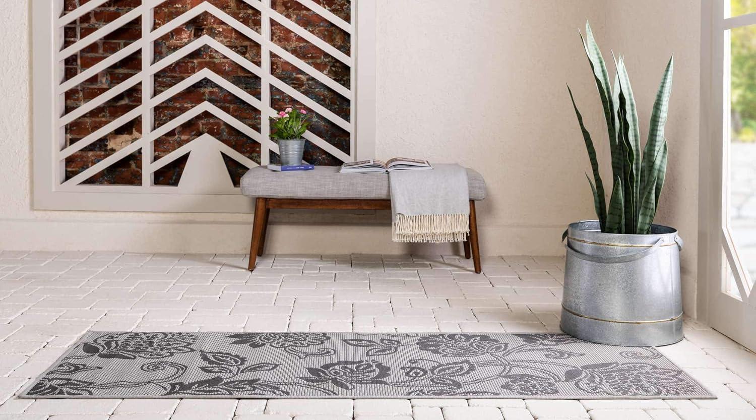 Reversible Gray Outdoor Runner Rug with Botanical Design, Easy-Care Synthetic