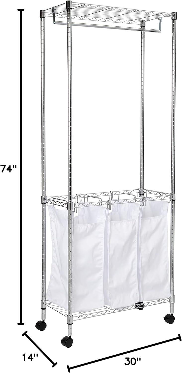 Honey-Can-Do Steel Rolling 3-Bag Laundry Center with Hanging Rod and Shelf, Chrome/White