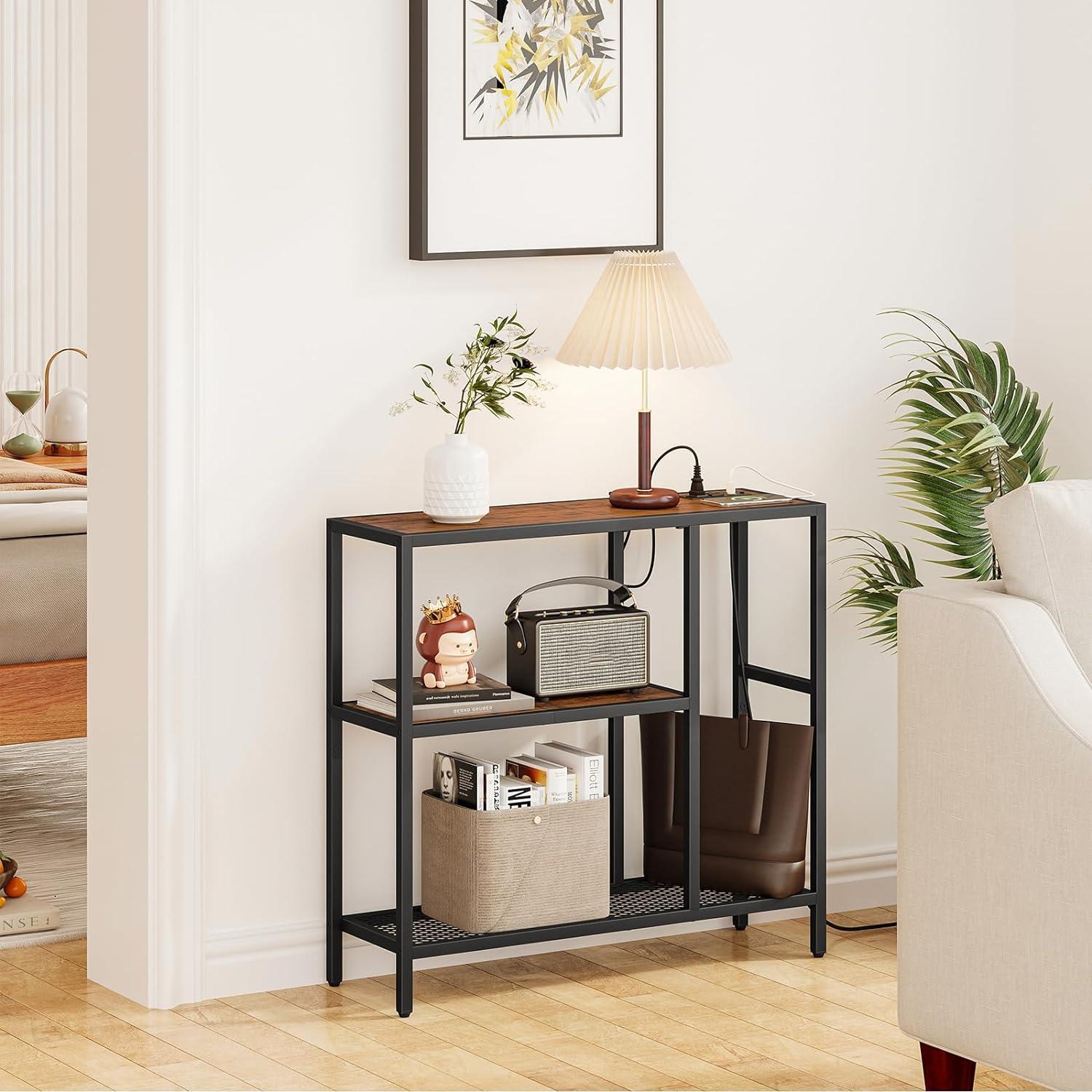 Rustic Brown Metal Frame L-Shaped Console Table with Storage