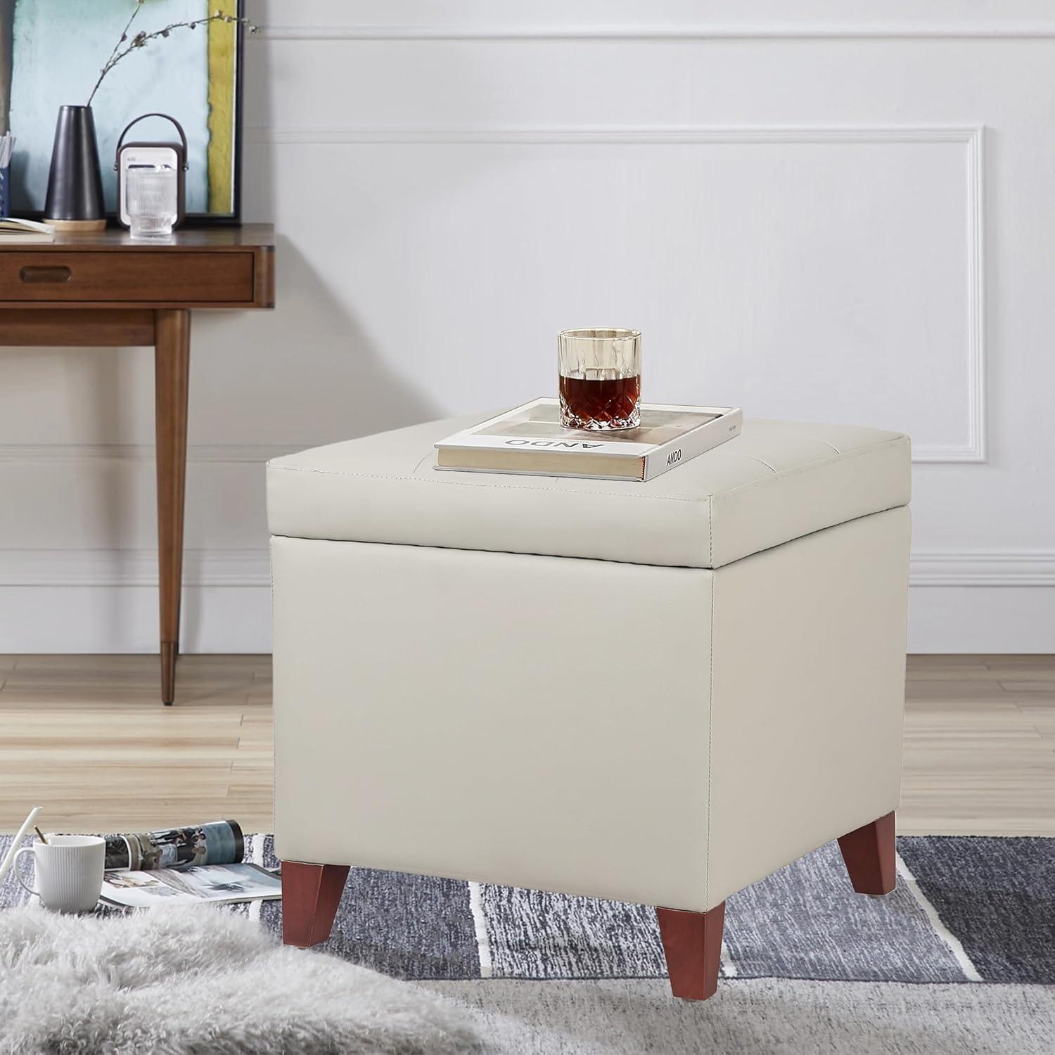 Elephant Grey Faux Leather Tufted Storage Ottoman with Cherry Wood Legs