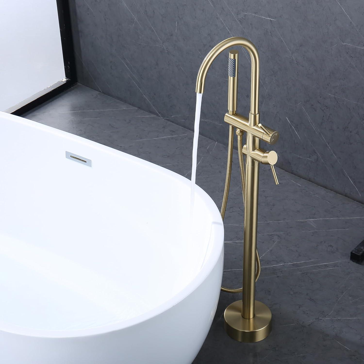 AWZTOO Free Standing Tub Faucet With Hand Shower Floor Mount Tub Faucets Brushed Gold Bathtub Filler Single Handle Modern Bathroom Taps