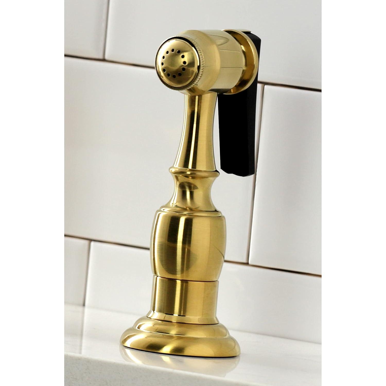 Kingston Brass Heritage Two-Handle 4-Hole Deck Mount Bridge Kitchen Faucet with Brass Side Sprayer
