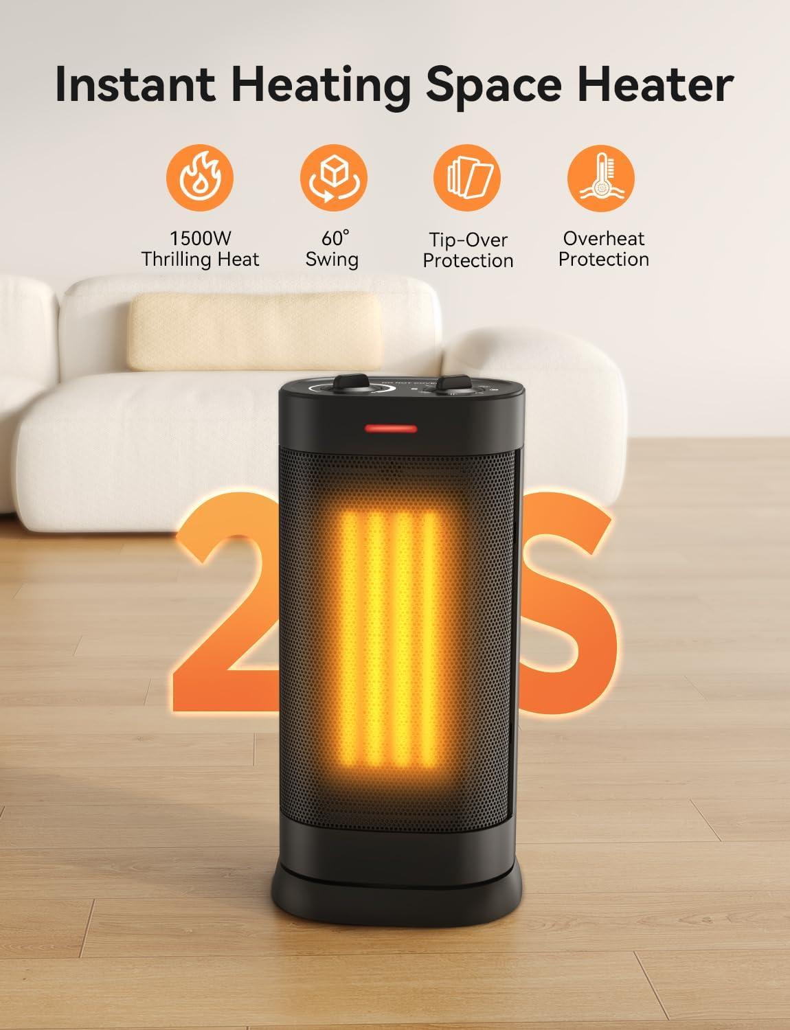 1500W Space Heaters for Indoor Use, Portable PTC Ceramic Space Heater, Small Space Heater with Thermostat, Three Modes, Overheat and Tip-Over Protection for Office Home