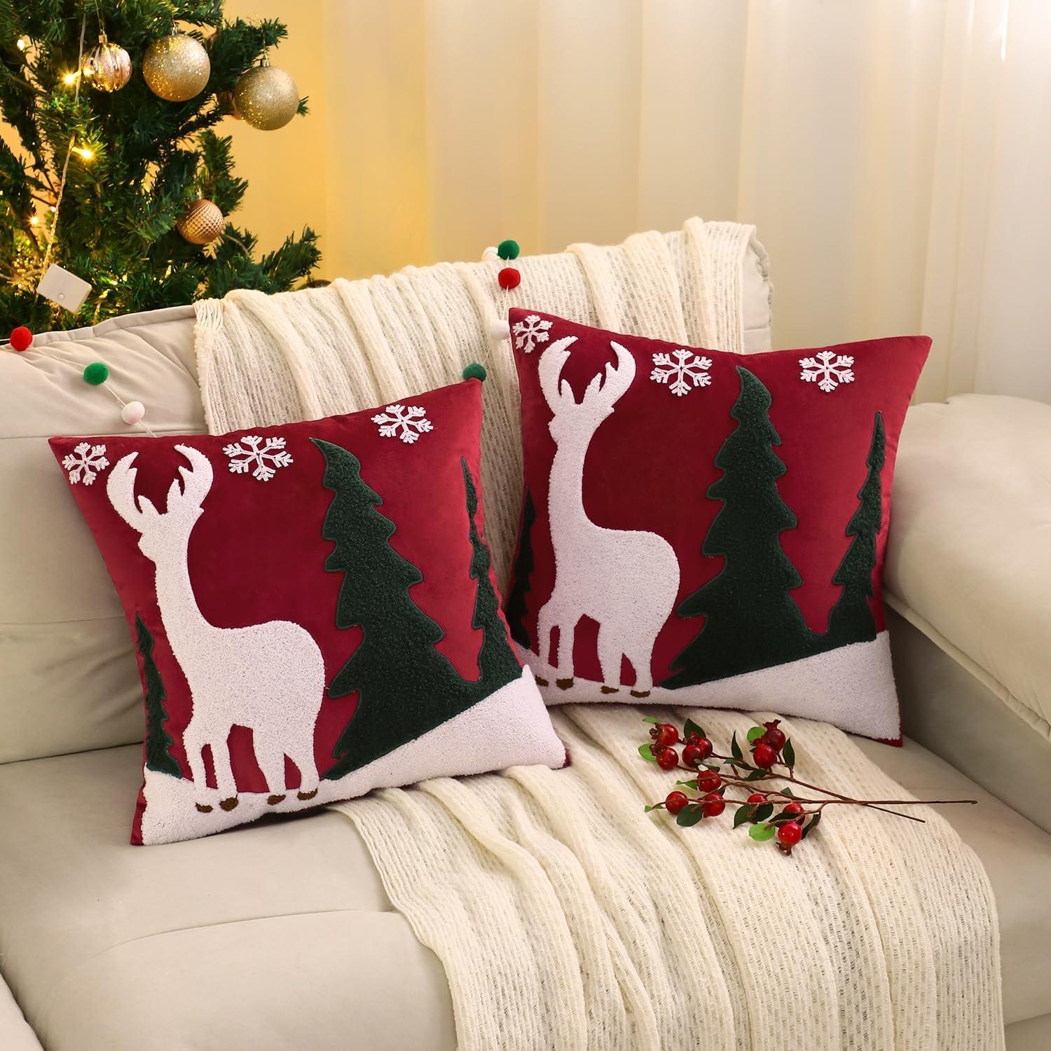 Christmas Red Velvet Reindeer and Trees 18x18 Pillow Covers