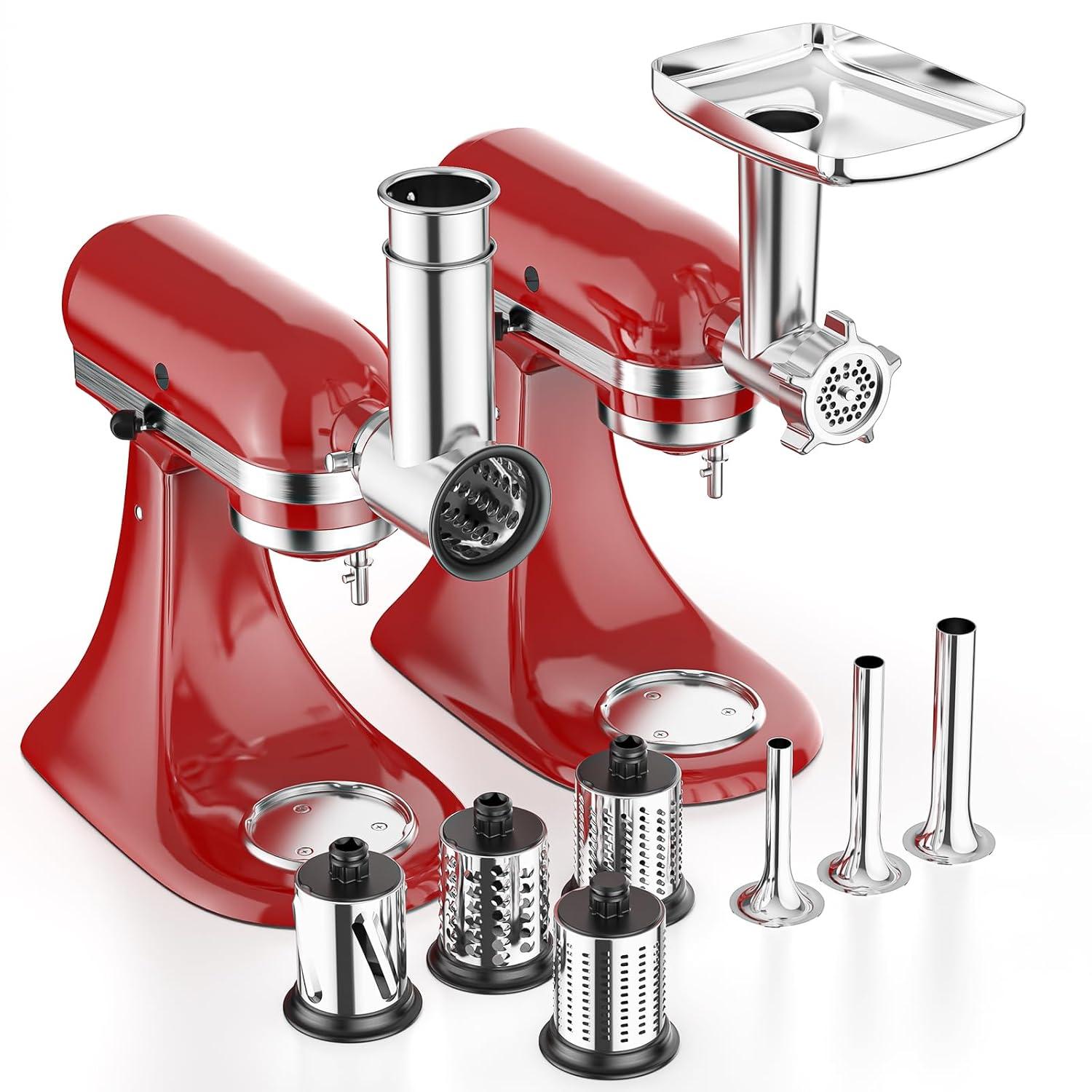 Meat Grinder & Stainless Steel Slicer Shredder Attachment for KitchenAid Stand Mixer, Includes Metal Food Grinder Attachment with Sausage Stuffer Tubes and Salad Machine Accessory by InnoMoon