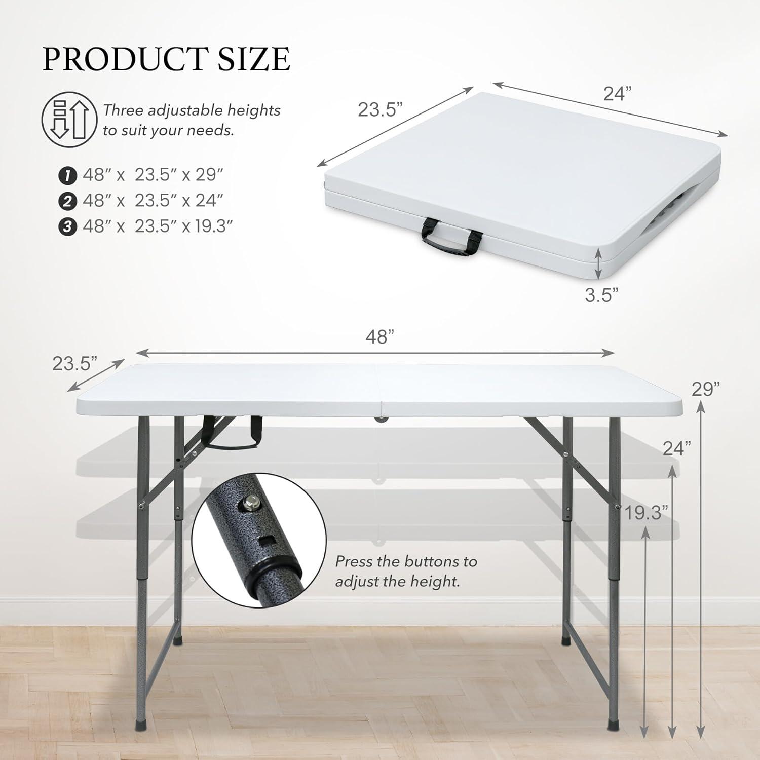 CL.HPAHKL 4 ft Folding Table with 3 Adjustable Height, Small Plastic Foldable Table with Carrying Handle, Portable Camping Table Fold in Half for Indoor Outdoor Camping, Picnic and Party, White