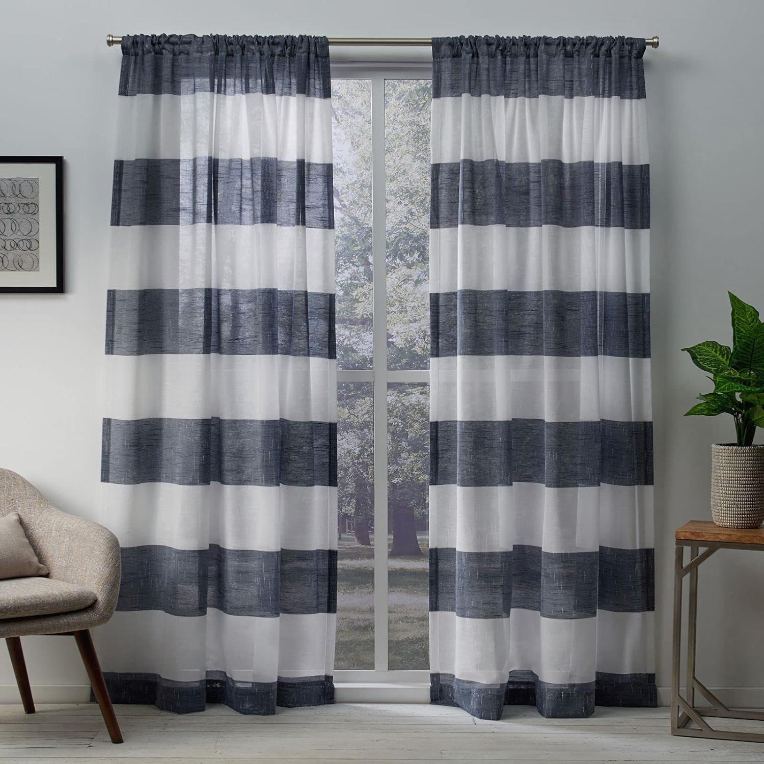 Indigo and Gray Sheer Linen Stripe Rod Pocket Curtains, 50"x96", 2-Piece Set