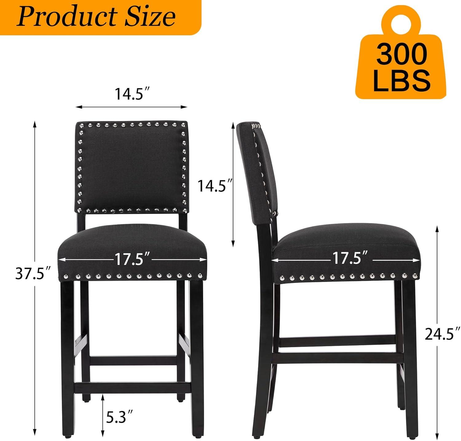 LSSBOUGHT Counter Height Barstools Linen Fabric Upholstered Counter Stool with Rubber Wood Legs Nailed Trim Bar Chair for Kitchen Island (Black, 2Pcs 24" Seat Height)