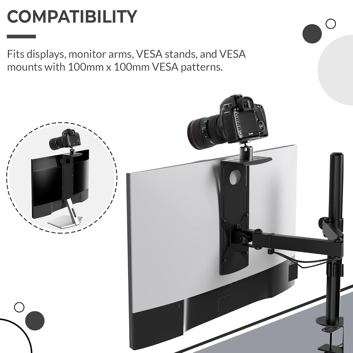 HumanCentric DSLR Monitor Mount Small, Desk Camera Mounting, Light Webcam, Microphone Shelf for Monitor VESA Arm, Replace Clamp Tripods, 100x100mm Patterns, Aluminum, Hardware Included