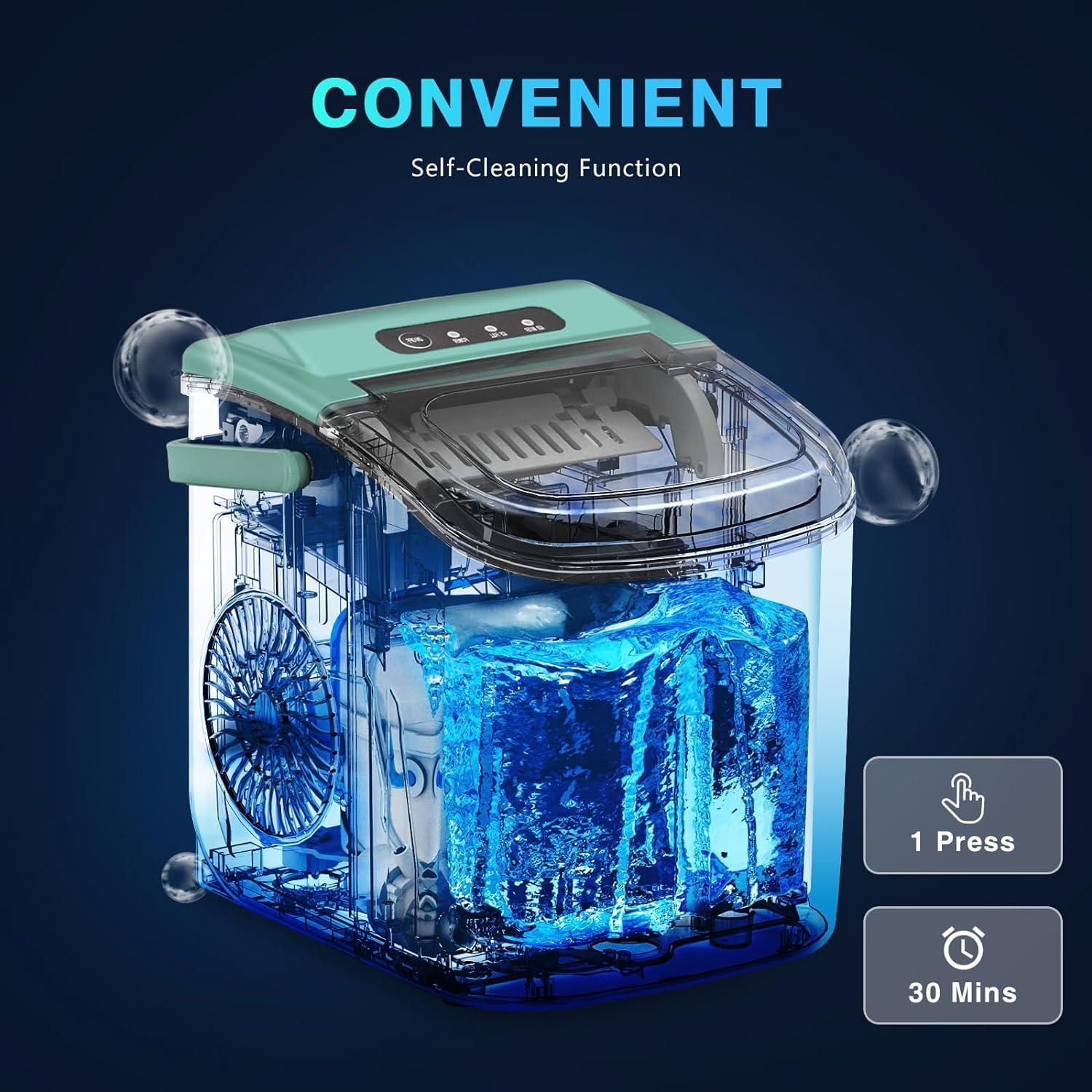 R.W.FLAME Ice Makers Countertop with Handle,26.5Lbs/24H,9 Cubes in 6 Mins,2 Sizes of Bullet Ice,Portable Ice Maker Machine with Self-Cleaning, green