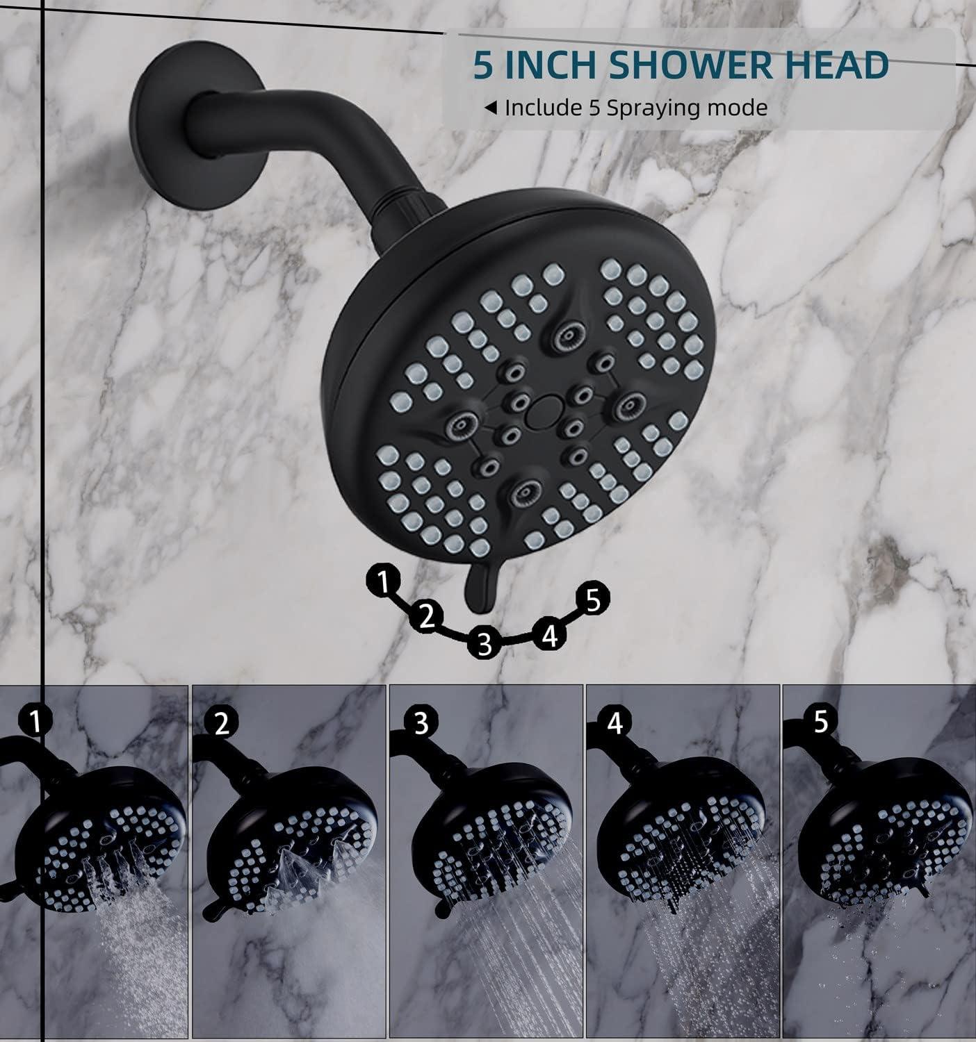 ELLOALLO Complete Shower System with Tub Shower Faucet Set 5in Head Matte Black Black Matte