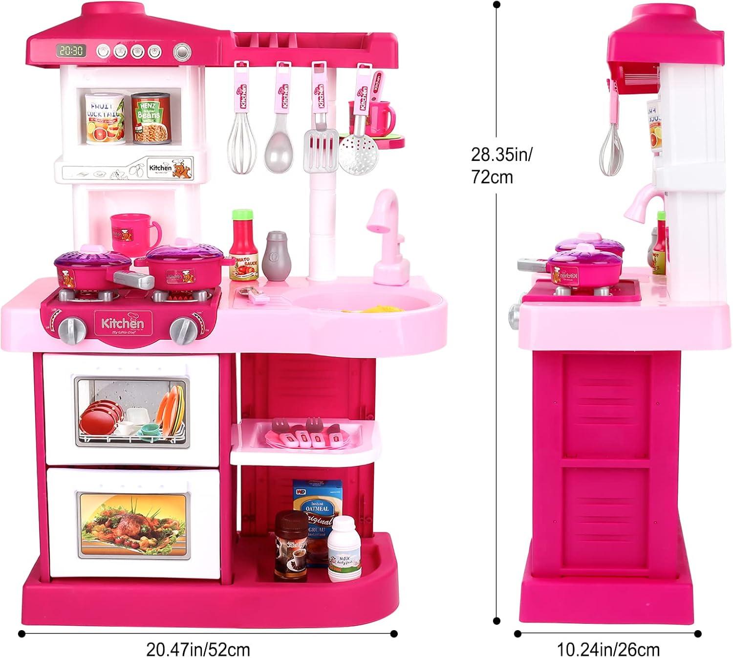 Wellsay Kitchen Playset Toy Pretend Food with Sounds and Lights Role Playing Game Pretend Food Playset for Toddlers,Pink