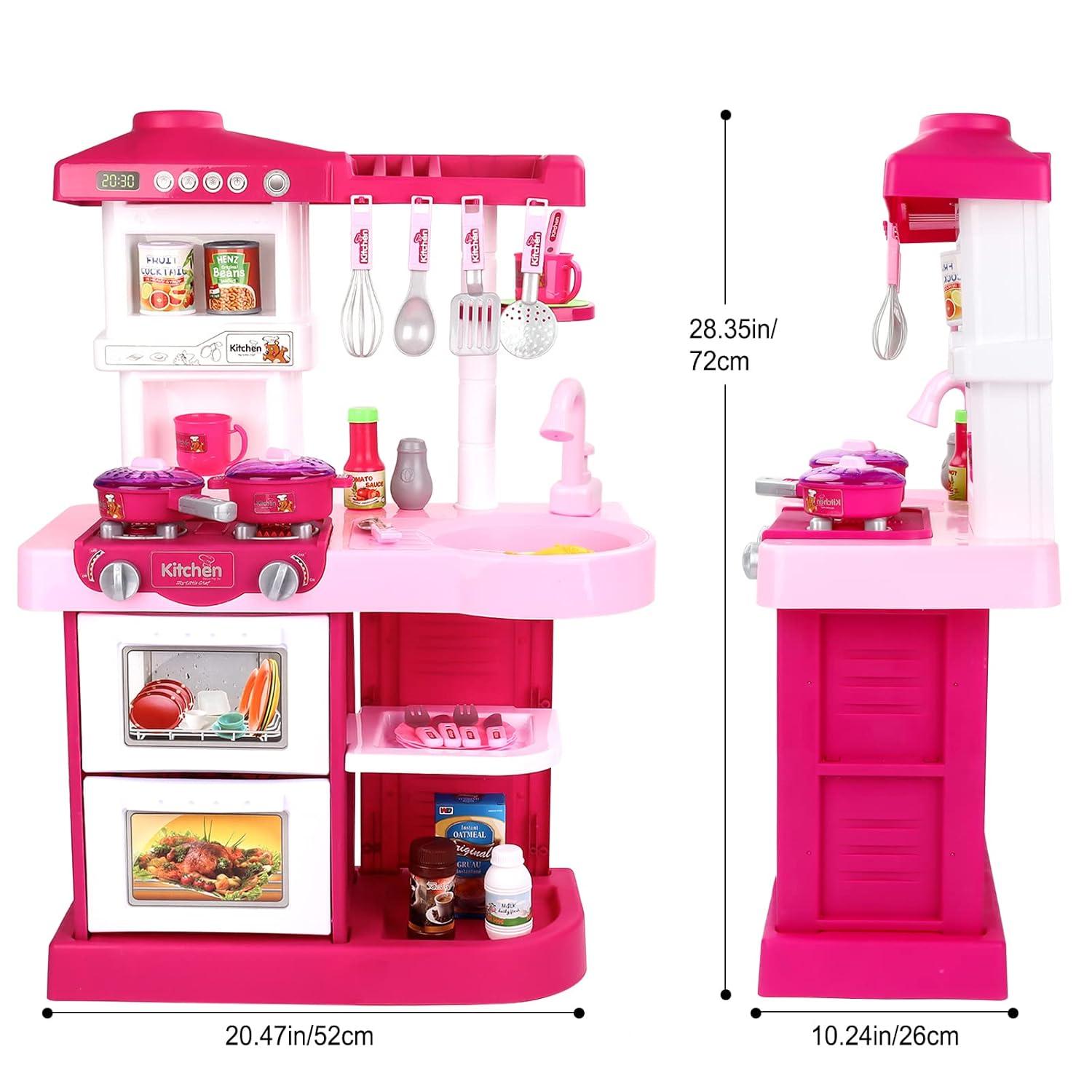 Wellsay Kitchen Playset Toy Pretend Food with Sounds and Lights Role Playing Game Pretend Food Playset for Toddlers,Pink