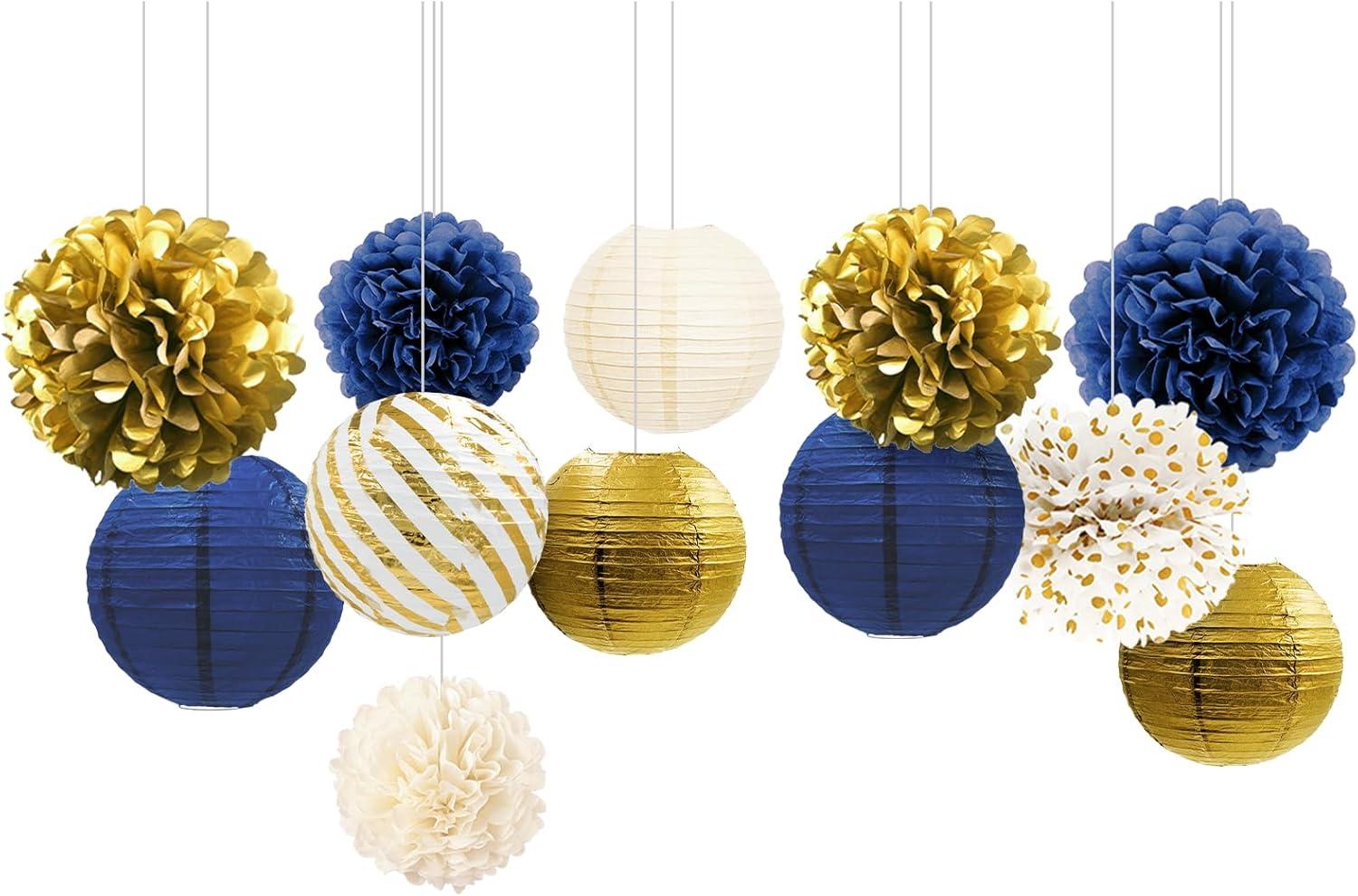 AIM & GGKK Paper Pom Poms Gold Gradient Navy Blue and White Tissue Hanging Paper Pom Poms,Flower Ball Wedding Birthday Party Decoration(12pcs)