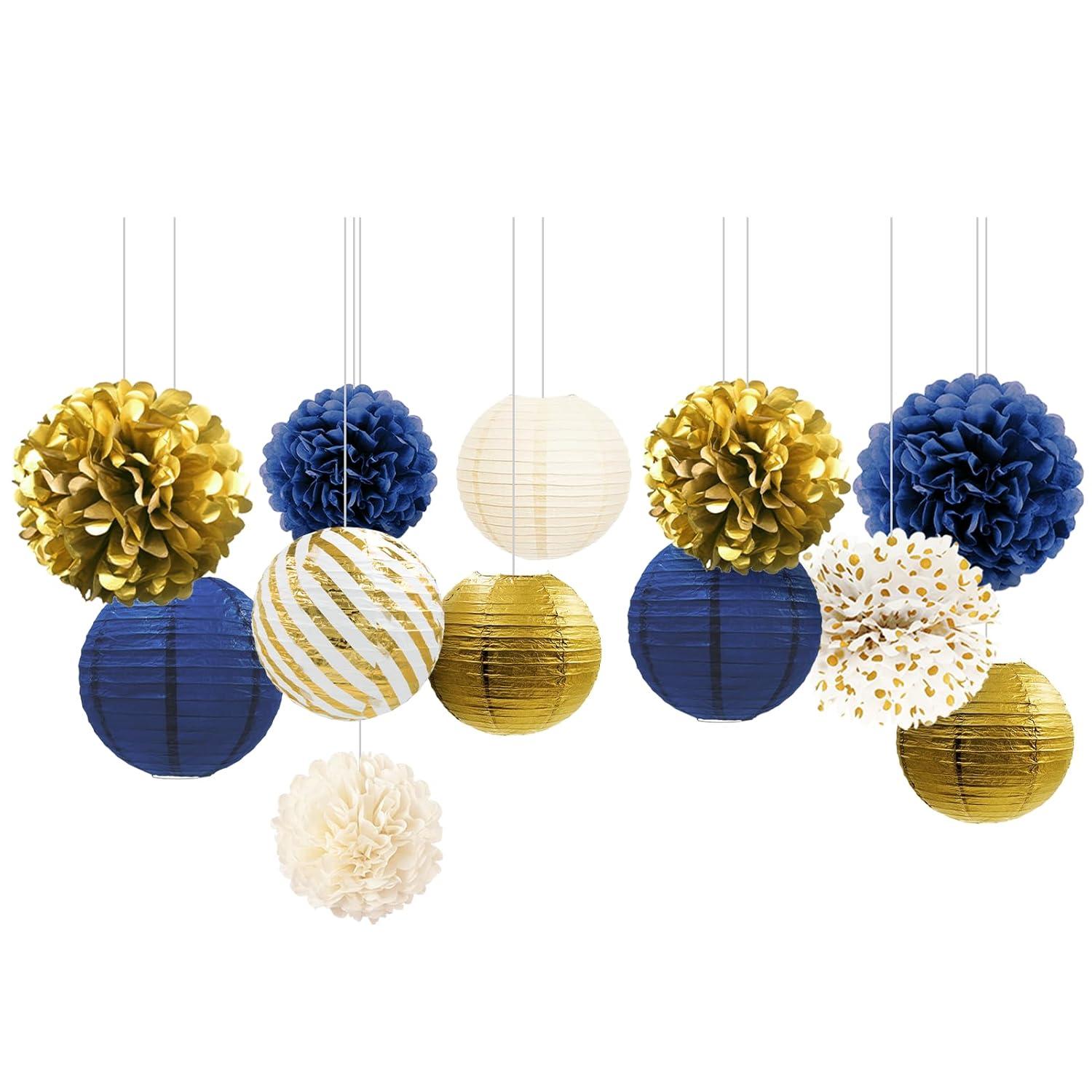 AIM & GGKK Paper Pom Poms Gold Gradient Navy Blue and White Tissue Hanging Paper Pom Poms,Flower Ball Wedding Birthday Party Decoration(12pcs)