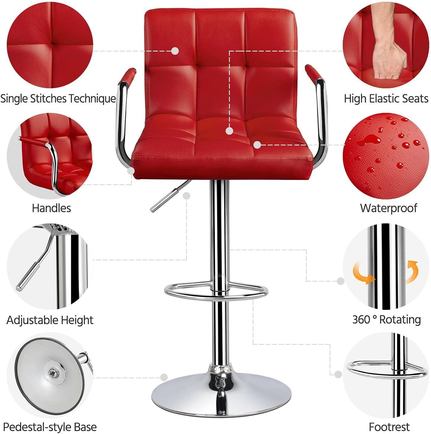 Killeryuki Tall Bar Stools Set of 2 Modern Square PU Leather Adjustable BarStools Counter Height Stools with Arms and Back Bar Chairs 360° Swivel Stool, Red