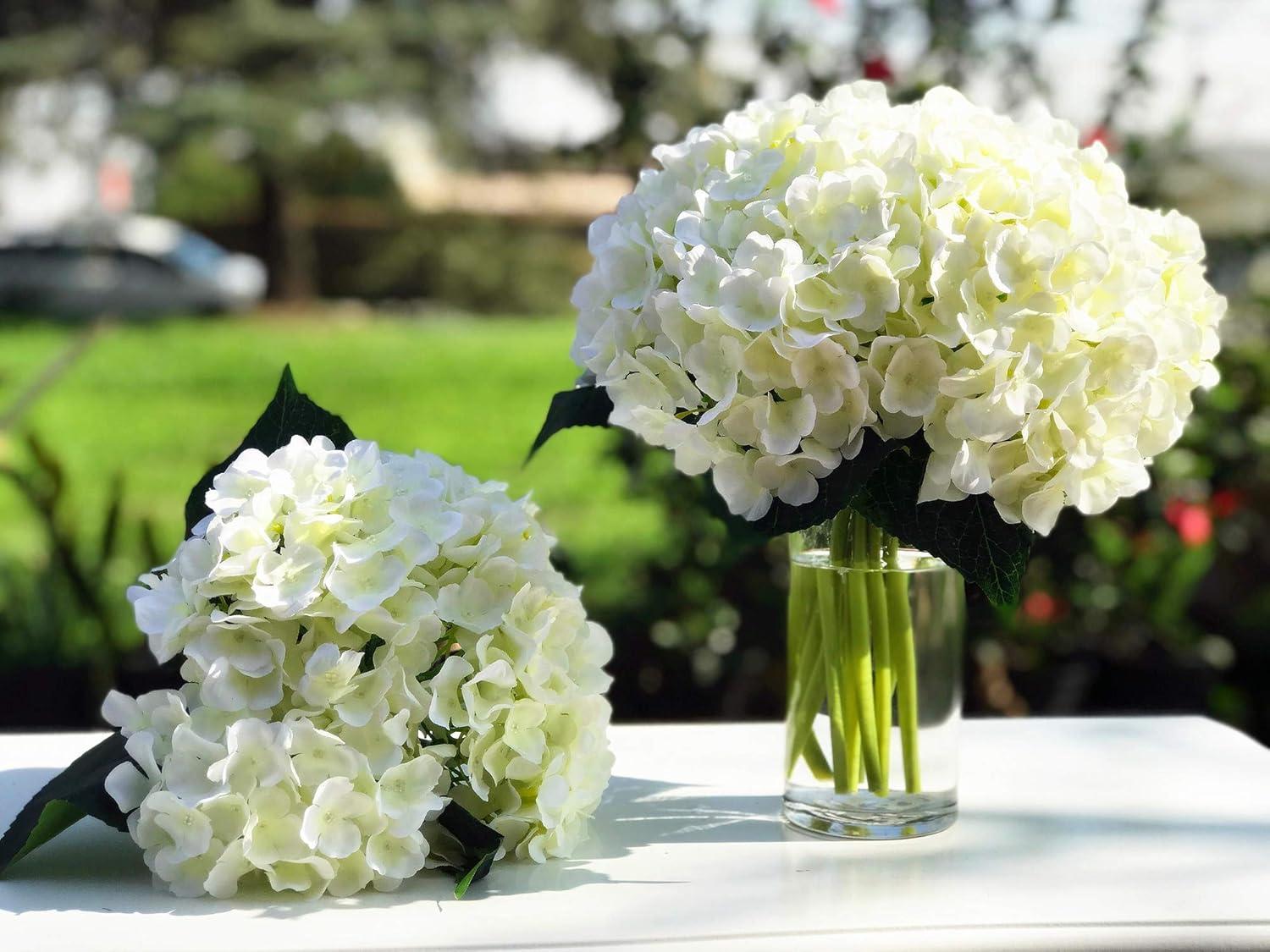 Enova Home Artificial Silk Hydrangea Flowers Arrangement in Clear Glass Vase with Faux Water (Cream)