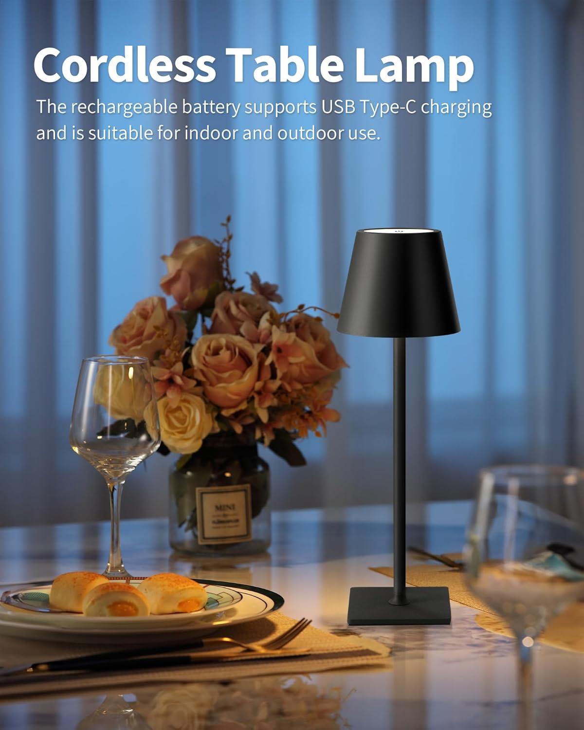 KDG 2 Pack Cordless Table Lamp,Portable LED Desk Lamp, 5000mAh Battery Operated, 3 Color Stepless Dimming Up, for Restaurant/Bedroom/Bars/Outdoor Party/Camping/Coffee Shop Night Light(Black)