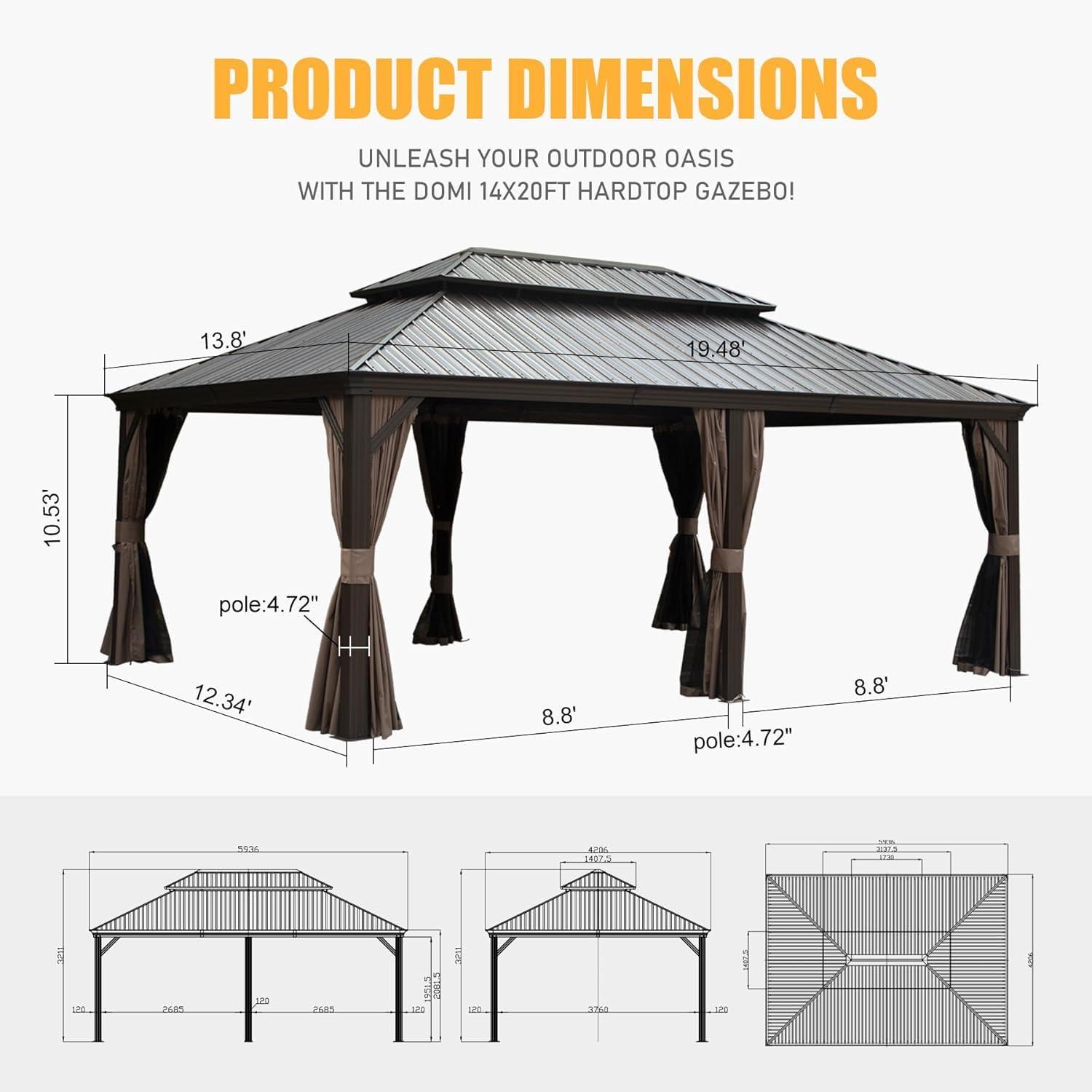 Domi Outdoor Living 14’ X 20’ Hardtop Gazebo, Outdoor Aluminum Frame Canopy with Galvanized Steel Double Roof, Outdoor Permanent Metal Pavilion with Curtains and Netting for Patio, Backyard and Lawn