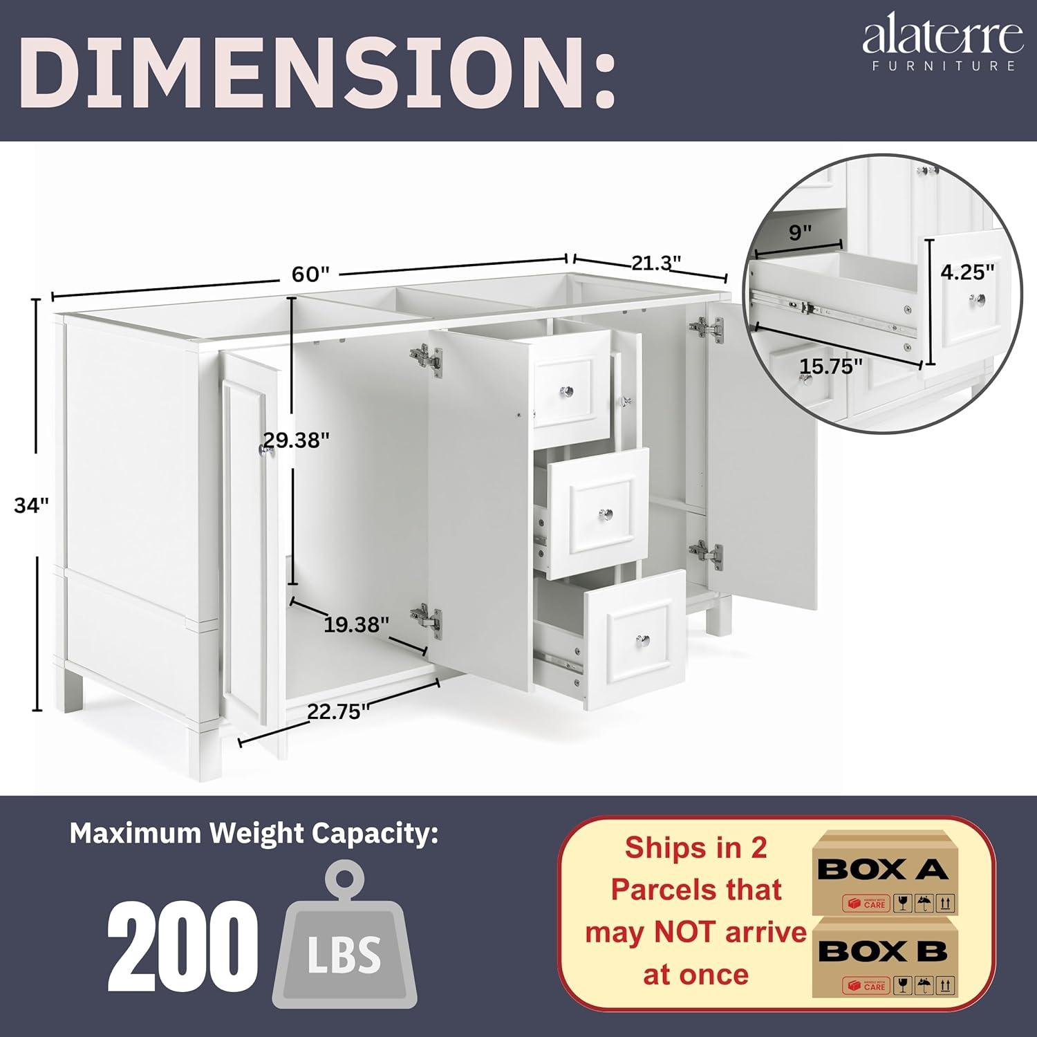 Alaterre Furniture Williamsburg 60"W White Wood Vanity Cabinet Only