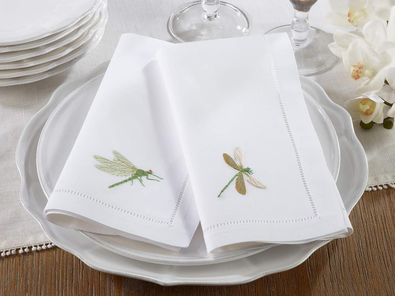 Saro Lifestyle Saro Lifestyle Cotton Table Napkins With Embroidered Dragonfly Hemstitch Design (Set of 6), White, 20"