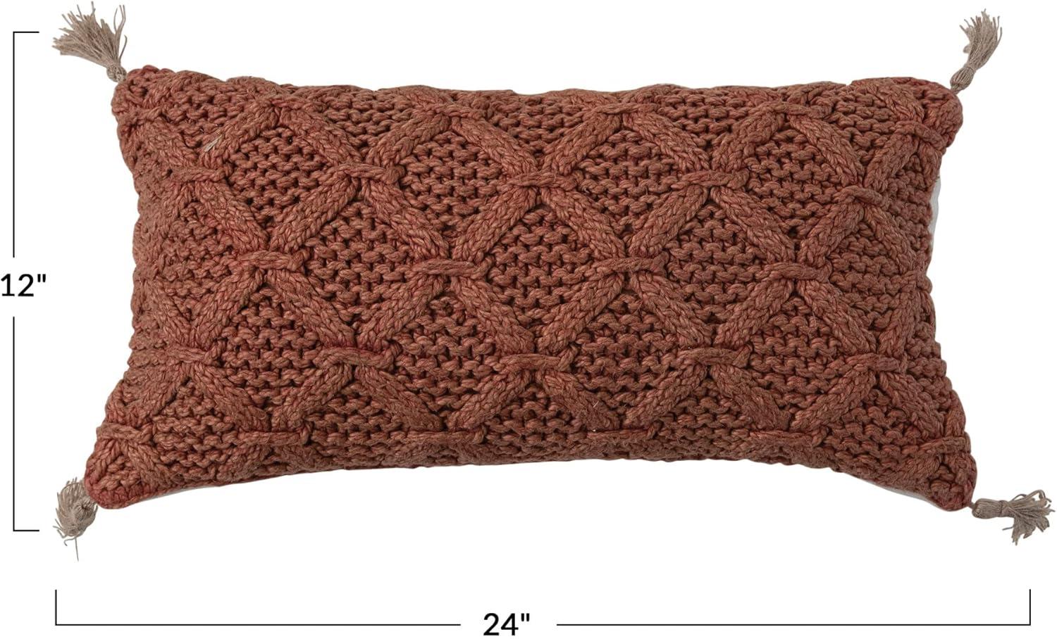 Creative Co-Op Cotton Slub Lumbar Pillow with Diamond Weave and Tassels, Rust