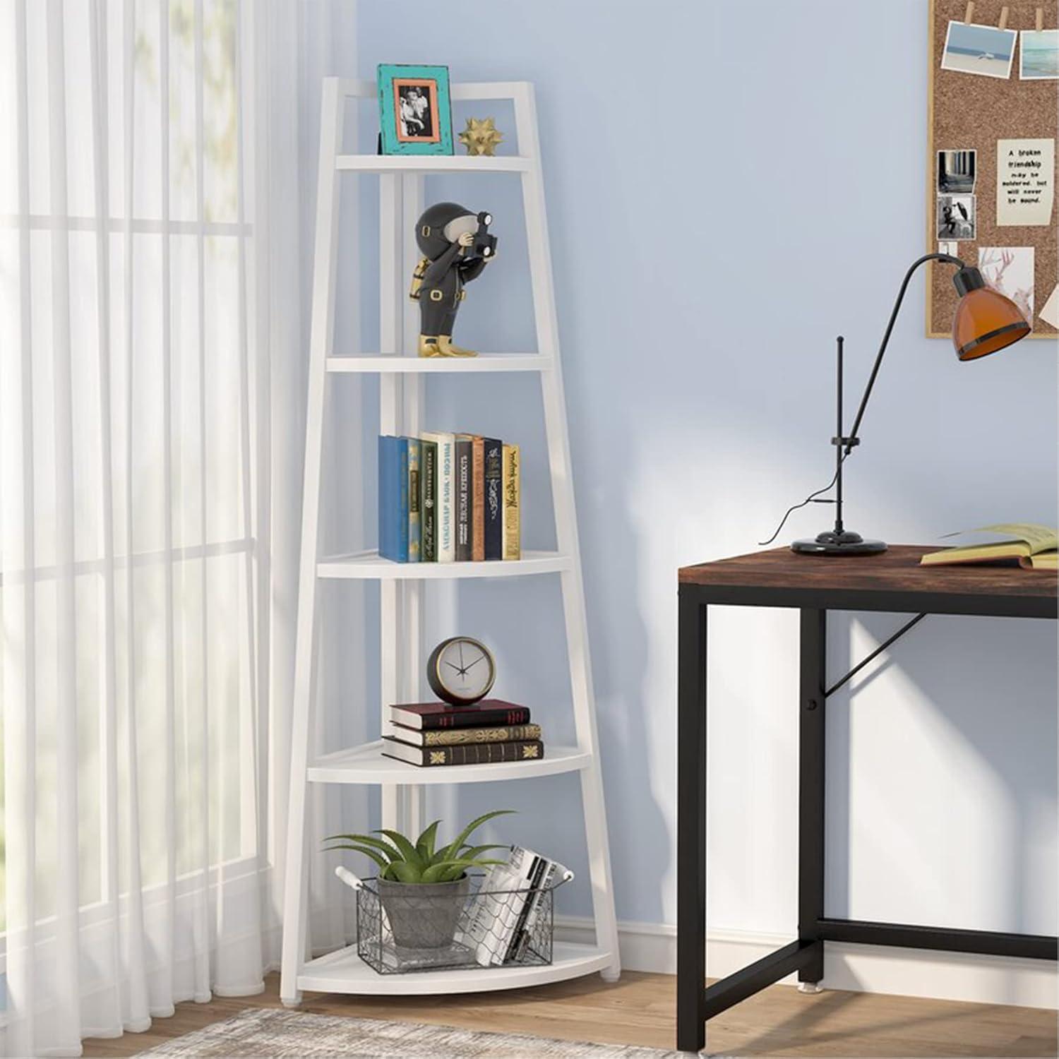 Hommoo 5-Tier Corner Shelf, 70" Tall Corner Ladder Shelf Small Bookshelf White