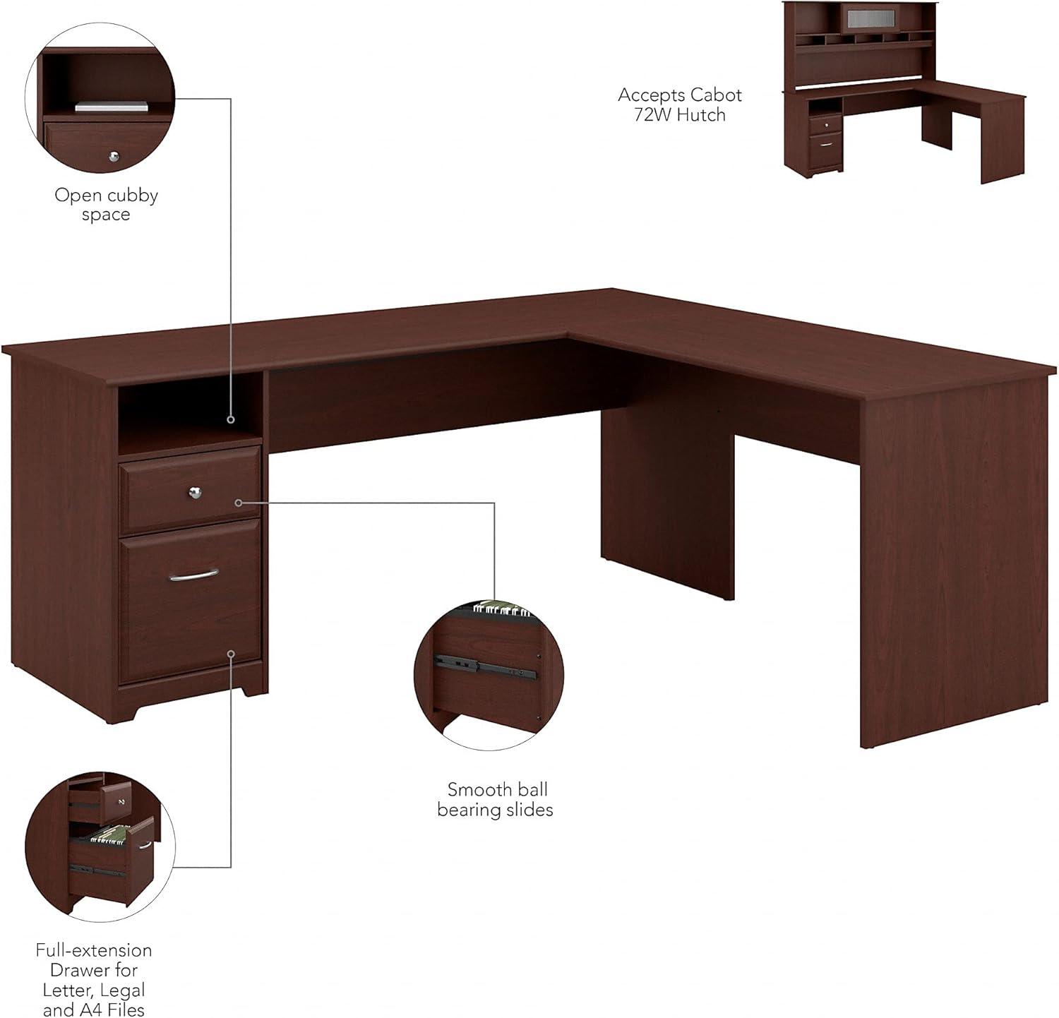 Bush Furniture Cabot 72" L Shaped Desk with Storage, Harvest Cherry