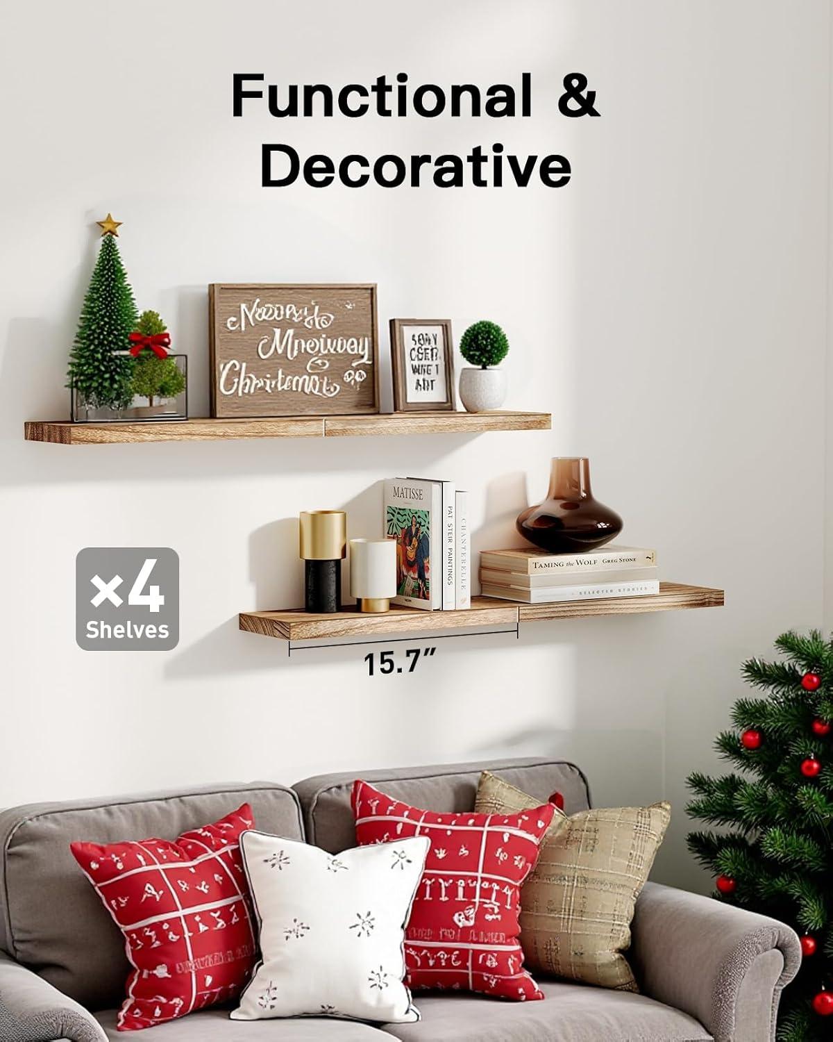 Floating Shelves, Paulownia Wood Wall Shelves for Bathroom/Living Room/Bedroom/Kitchen/Home Office, Natural Wood Floating Shelf for Home Storage & Organization, Set of 4, AMFS40W