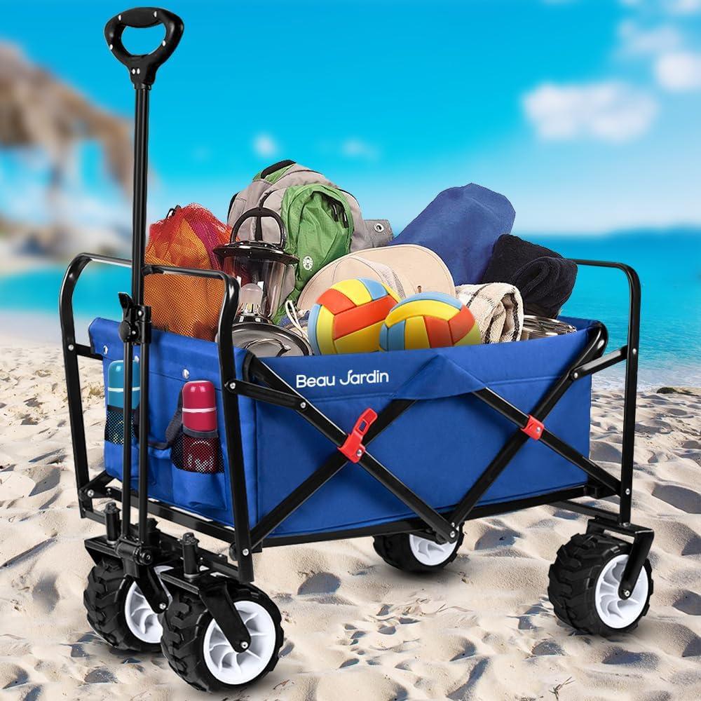 BEAU JARDIN Collapsible Folding Wagon 300 Pound Capacity Heavy Duty Foldable Beach Wagon Cart Grocery Utility Wagon for Garden Sports Shopping Outdoor All Terrain Wheel Portable Black