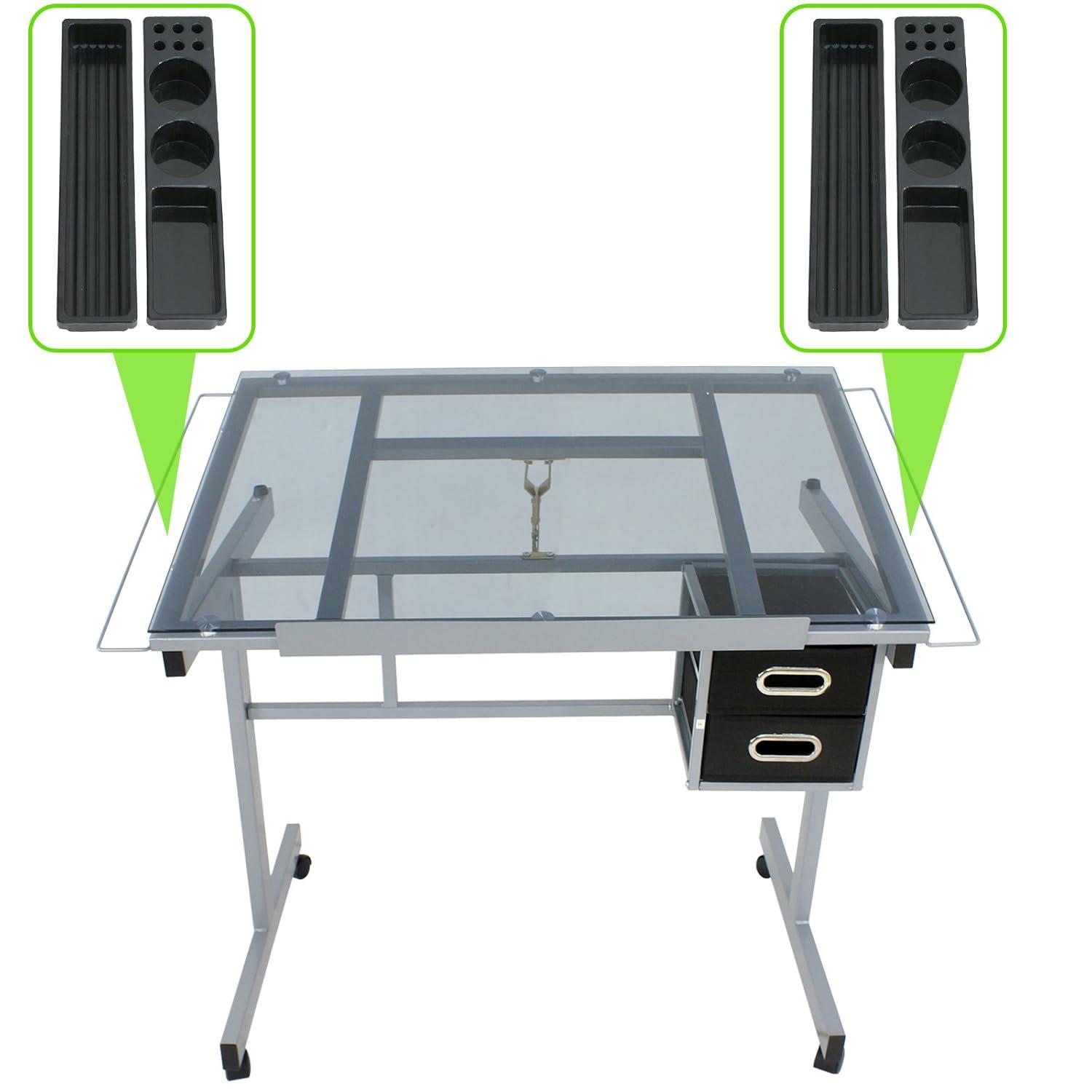 LEMY Drafting Table Adjustable Tilting Tabletop, Artist Drawing Desk with Slide Storage Drawers and Wheels, Art Craft Station for Home Office