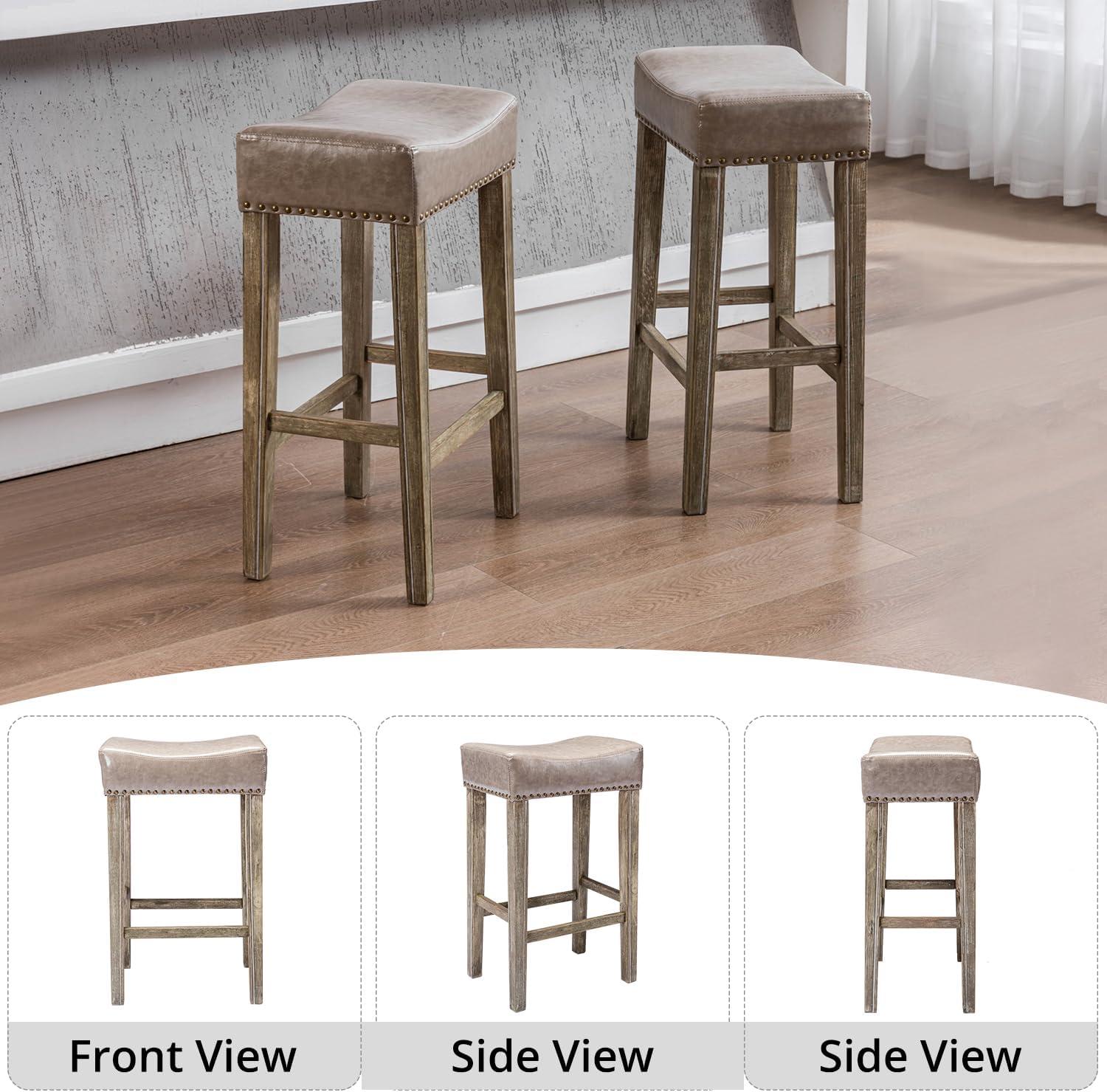 Lecut 26 Inch Wood Saddle Seat Barstool Set of 2 PU Leather Kitchen Counter Stools Nailhead Wood Pub-Height Saddle Stool Black