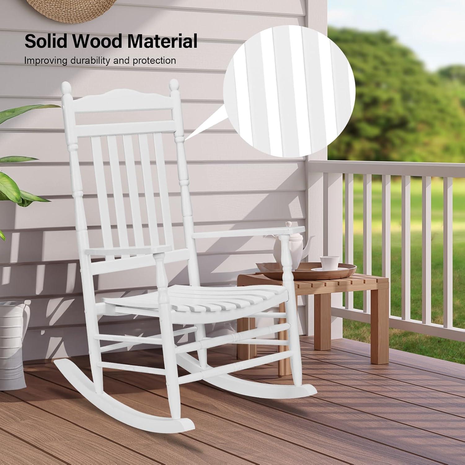 UBesGoo 2 Pack Wood Rocking Chair, r Solid Wood High Back Seat Reclining Seat for Deck, Garden, Backyard, Porch, Indoor or Outdoor Use, White