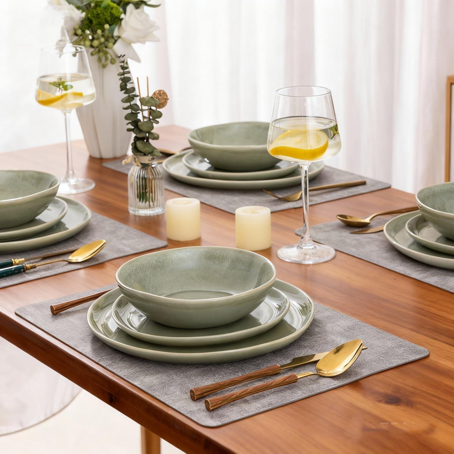 Olive Green and White Ceramic Dinnerware Set for 4