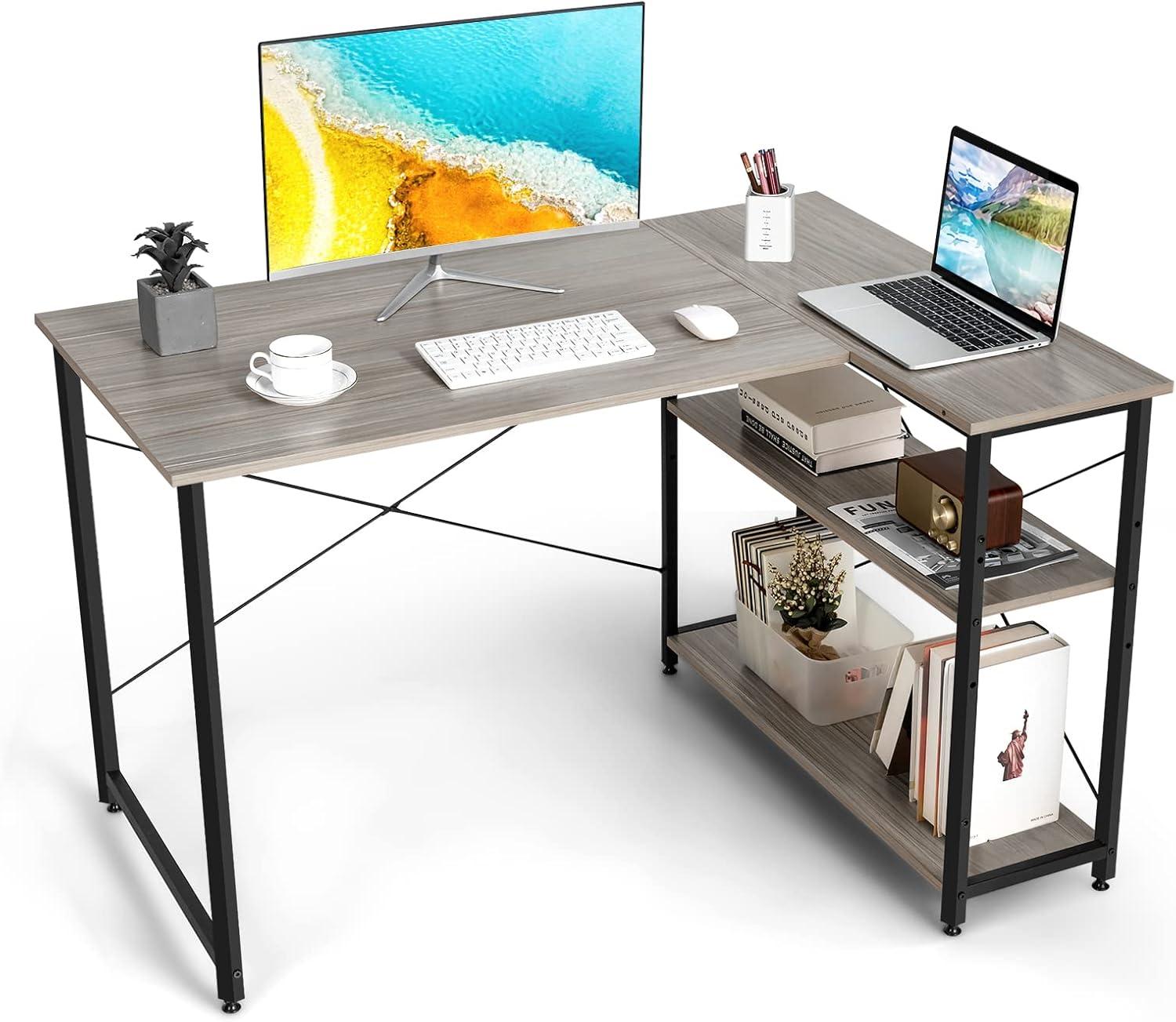 Costway 48'' Reversible L Shaped Computer Desk Home Office Table Adjustable Shelf Brown\Gray\Natural