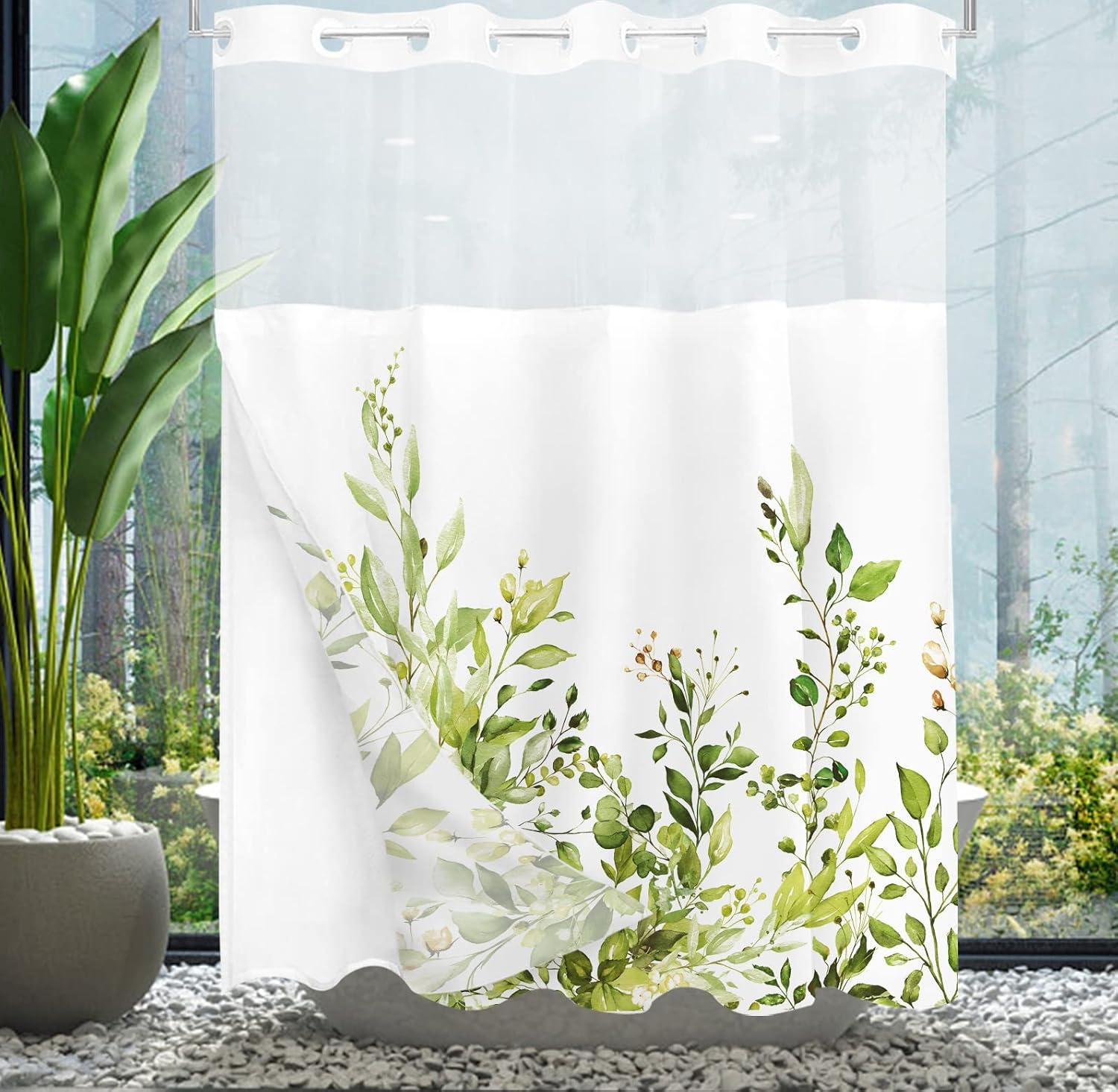 No Hook Shower Curtain with Snap in Liner, Eucalyptus Leaf Vintage Sage Green Leaves Hotel Shower Curtains for Bathroom, Washable Shower Curtain Liner Set with Mesh Top Window, 66"x72"