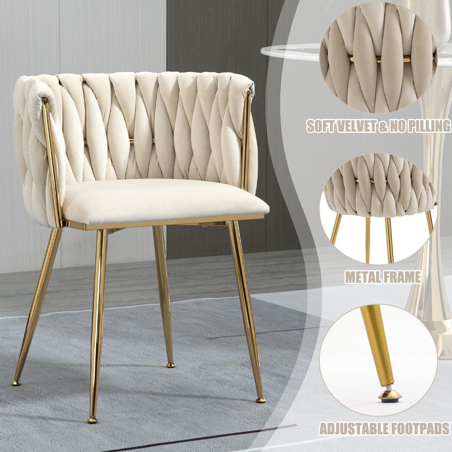 Velvet Dining Chairs Set of 2, Upholstered Dining Room Chairs with Arm & Gold Legs, Modern Accent Chairs Dining Chair for Kitchen, Vanity, Living Room (Beige)