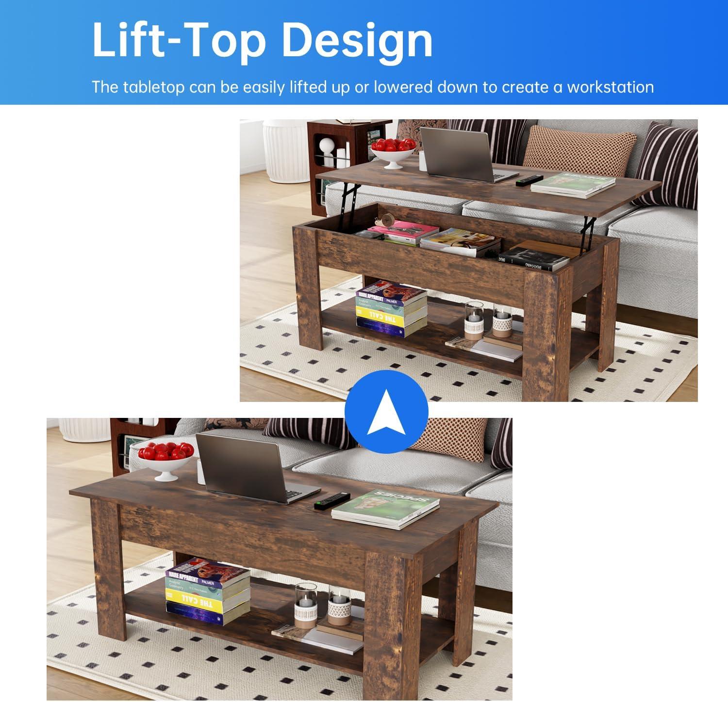 FDW Coffee Table Lift Top Coffee Tables with Hidden Compartment and Storage Shelf Wooden Lift Tabletop Dining Table for Living Room Home