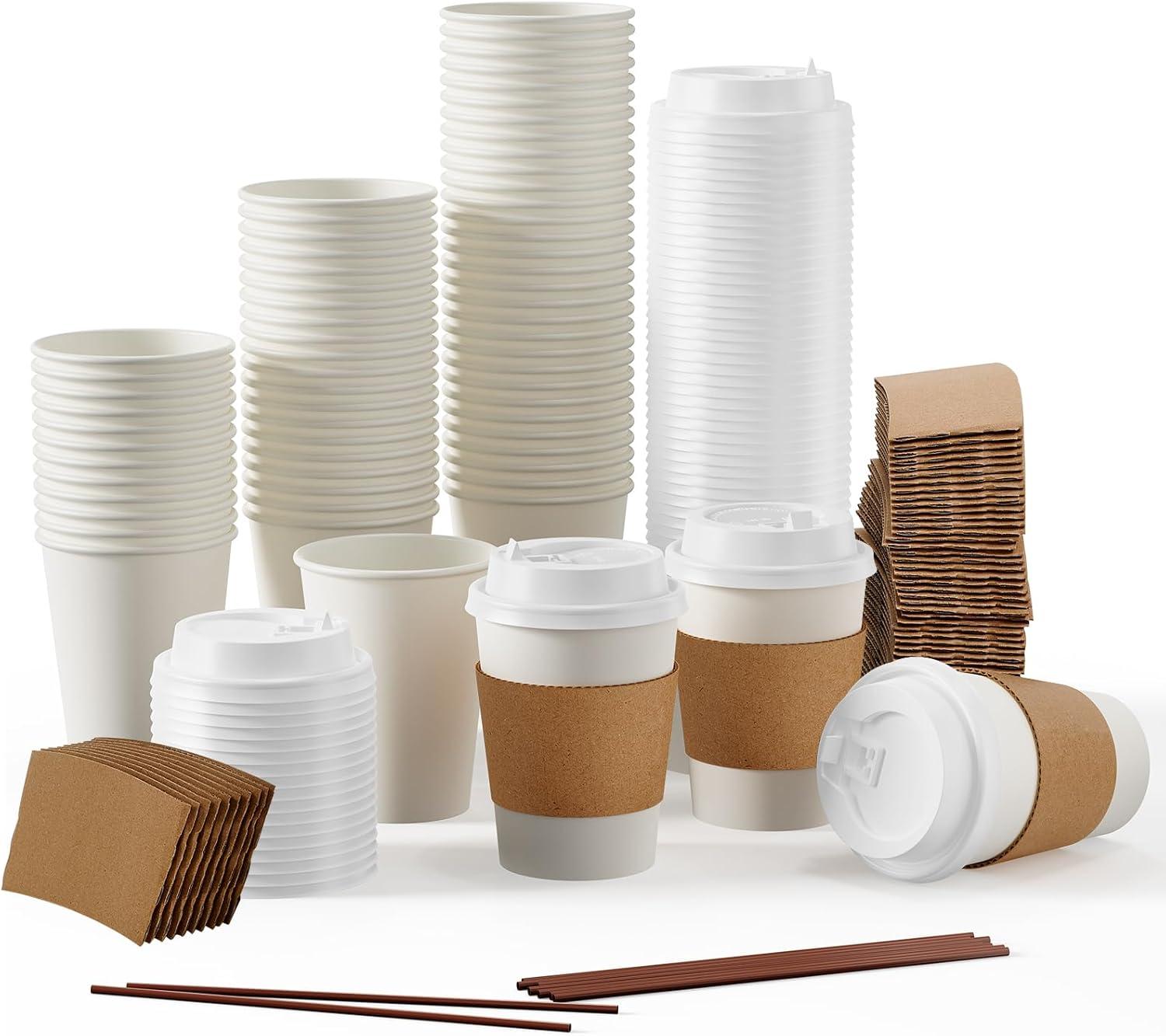 FAST APPLIANCES LLC Paper Cups,Cups,Disposable Cups 100 Pack 12 Oz Leak-Proof Coffee Cups With Lids And Sleeves Disposable Paper To Go Hot Coffee Cups For Home, Business, Office, Cafes And Parties