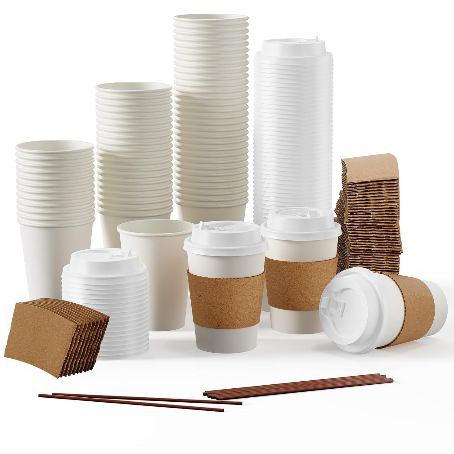 FAST APPLIANCES LLC Paper Cups,Cups,Disposable Cups 100 Pack 12 Oz Leak-Proof Coffee Cups With Lids And Sleeves Disposable Paper To Go Hot Coffee Cups For Home, Business, Office, Cafes And Parties