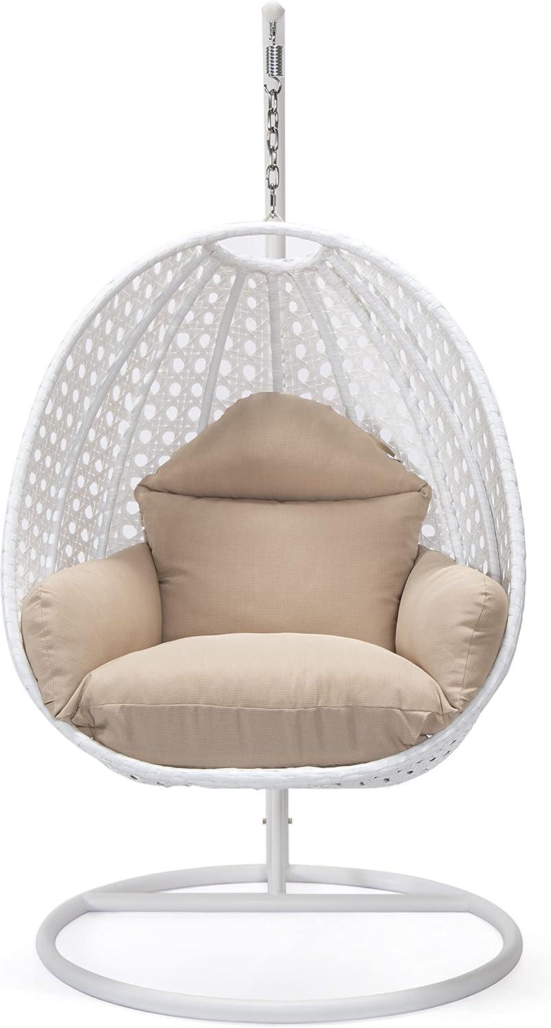 LeisureMod White Wicker Indoor Outdoor Bedroom Patio Hanging Egg Swing Chair with Stand and Cushion Beige