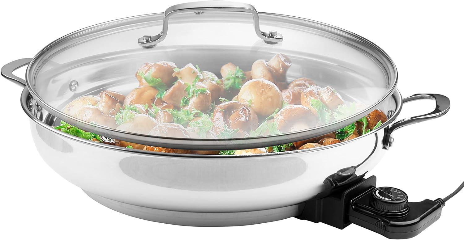 CucinaPro XL Electric 16" Skillet- 18/10 Stainless Steel Frying Pan w Lid and Handle, Round - Includes Recipe Guide- Great Gift for Cooks