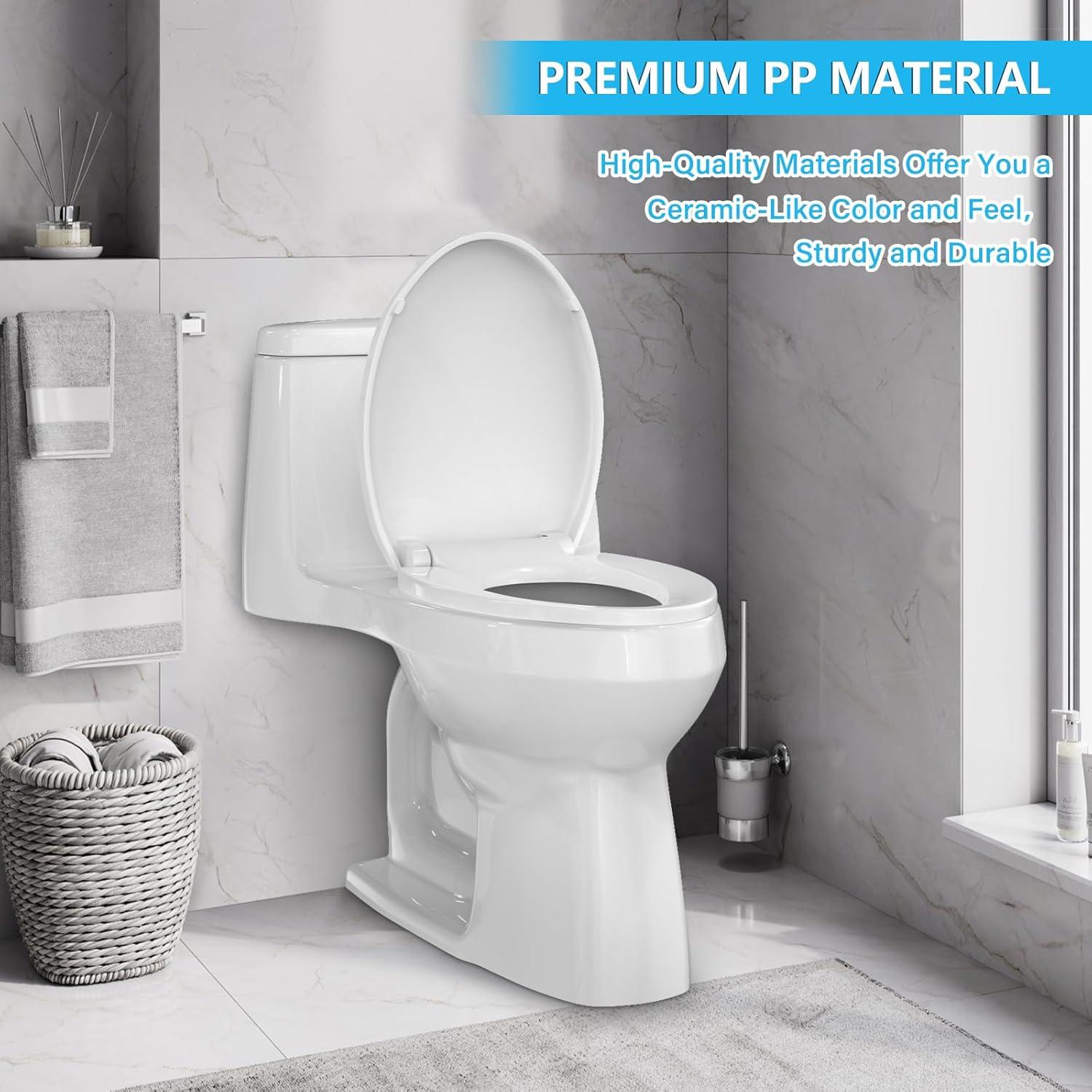 CR108 Toilet Seat, Upgrade Elongated Toilet Seat with Soft Close, Easy Clean, Non Slip, High Performance PP Material, White, 18.5"