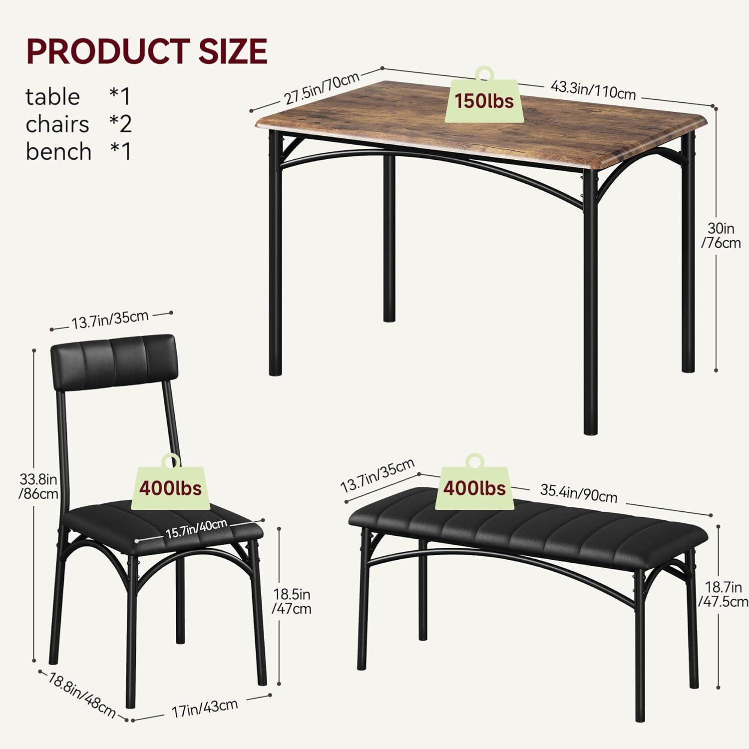 Garvee 4-Person Dining Set, Upholstered Chairs & Bench, Rectangular Kitchen Table Set for Small Space, Apartment, Home, Studio, Rustic Brown