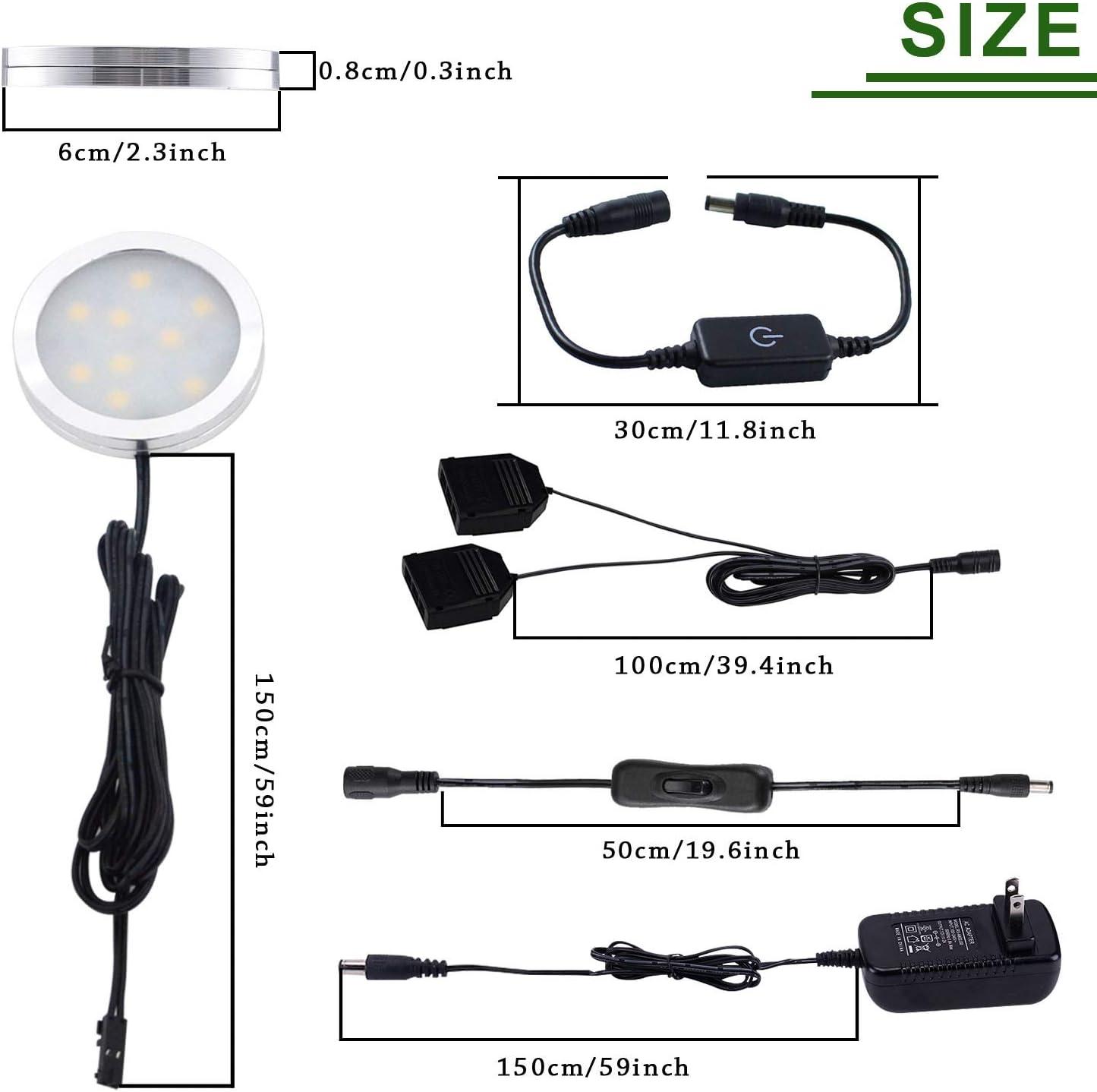 Led Under Cabinet Light white round 6Pack Puck Lighting Kit touch switch dimmer and Plug for under counter Lights（Warm White）